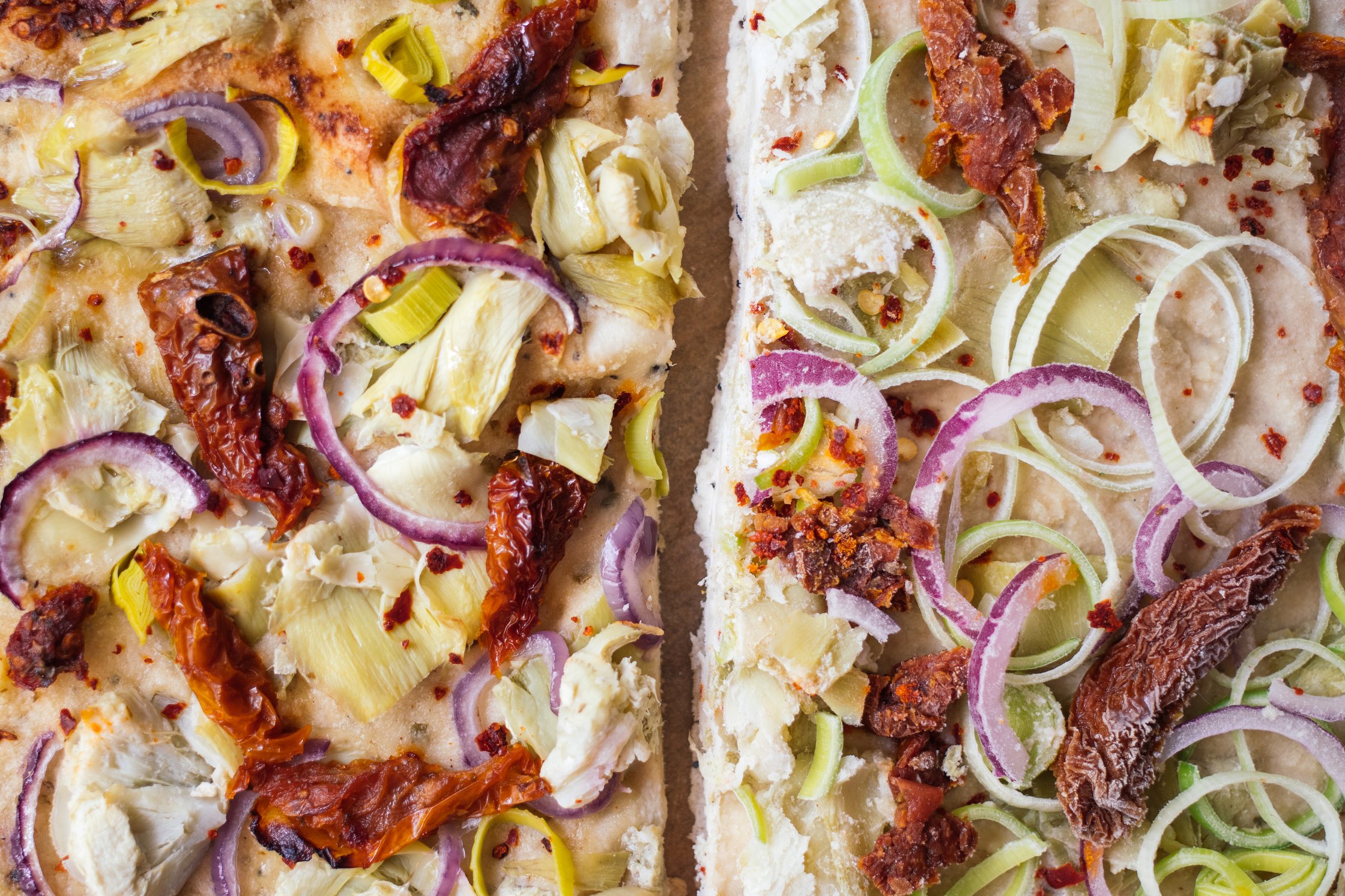 closeup of vegan frozen pizza before and after baking