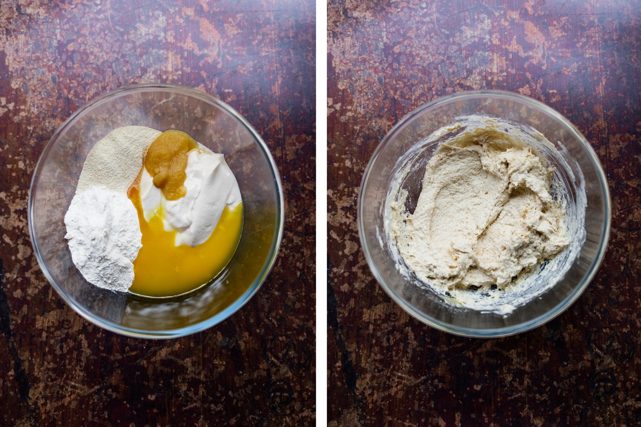 Teig für vegane Nougatknödel in einer Glasschüssel vor einem dunklen Hintergrund.