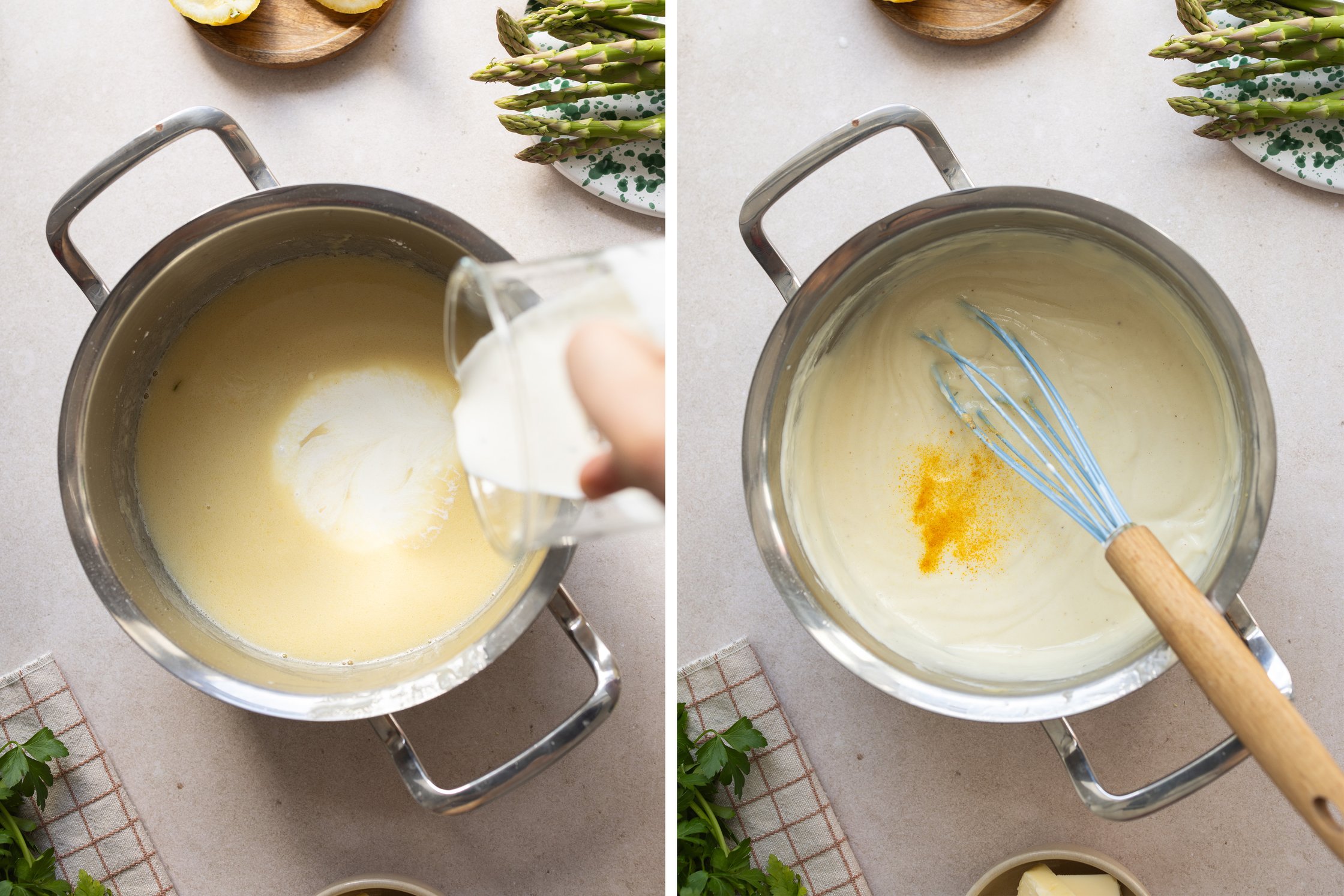 vegane Sauce Hollandaise wird in einem Topf zubereitet