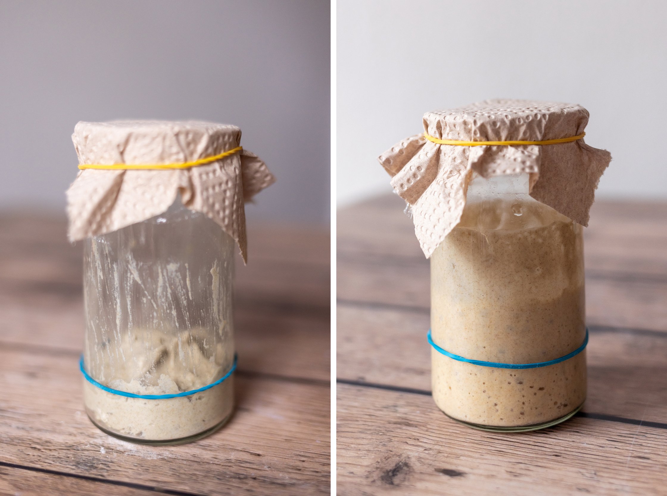 ein glas mit sauerteigstarter vorher und nachher, bei dem man sieht, wie er über nacht wächst