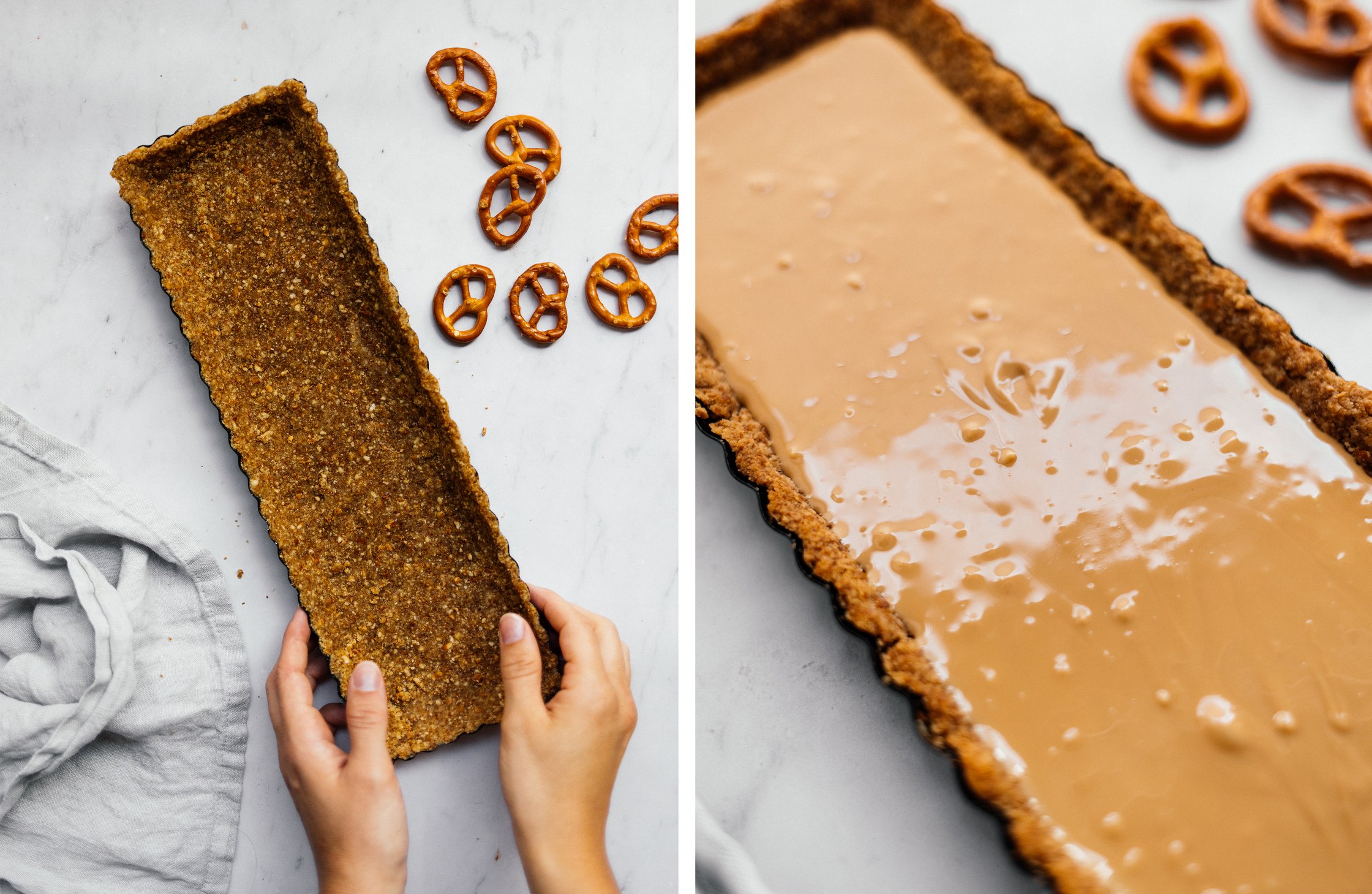 Brezel-Tarte-Boden in der Form; Erdnussbutter auf Tarteboden