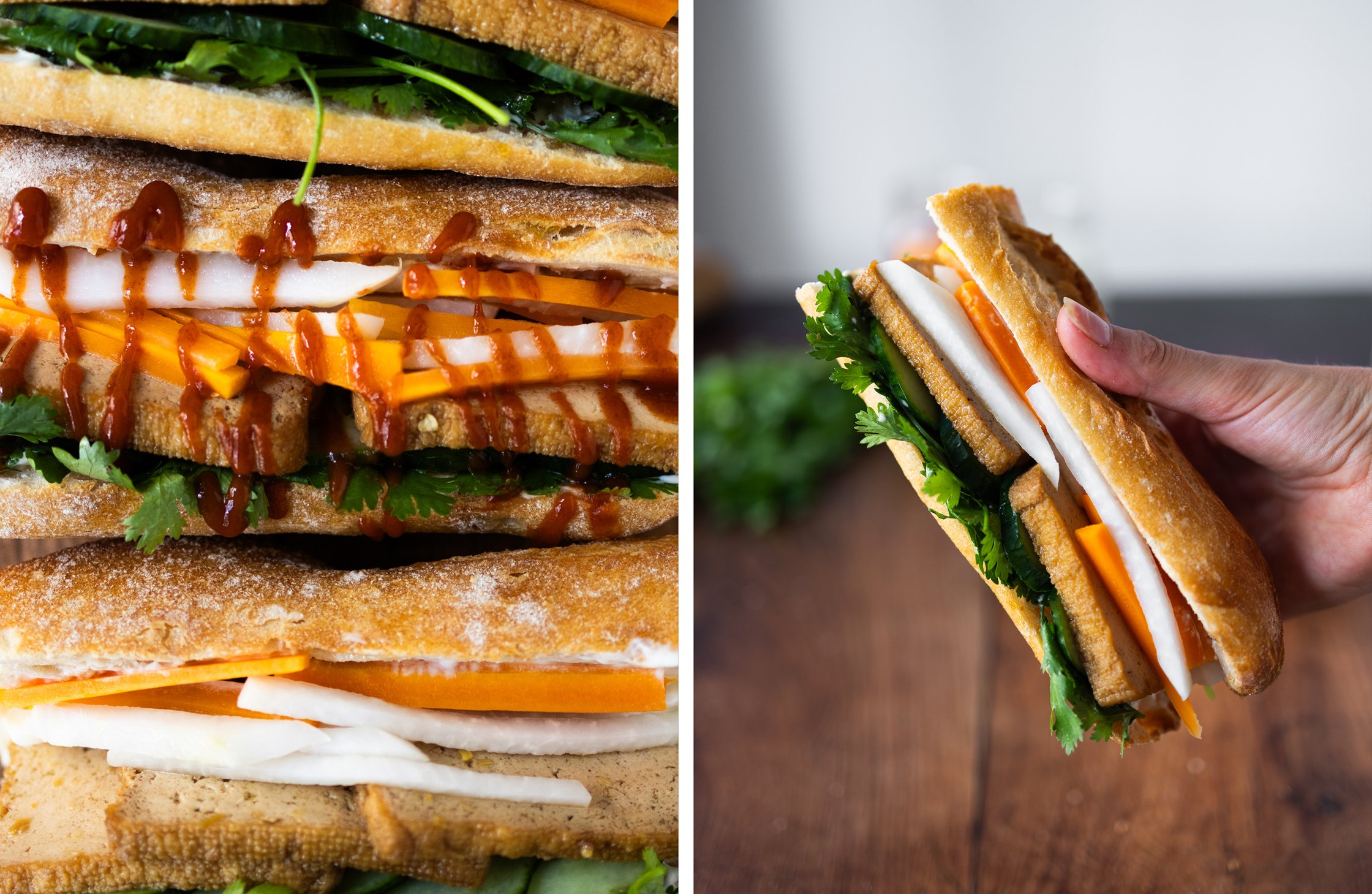 Left: vegan banh mi topped with sriracha sauce, right: banh mi in hand