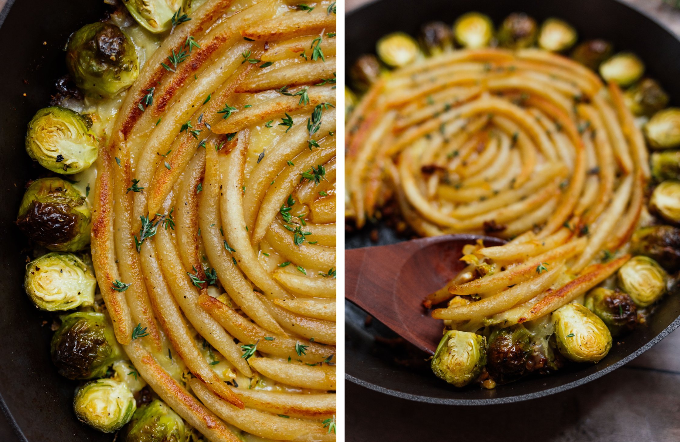 vegan potato dumpling casserole with brussels sprouts & "minced meat" in a cast iron pan