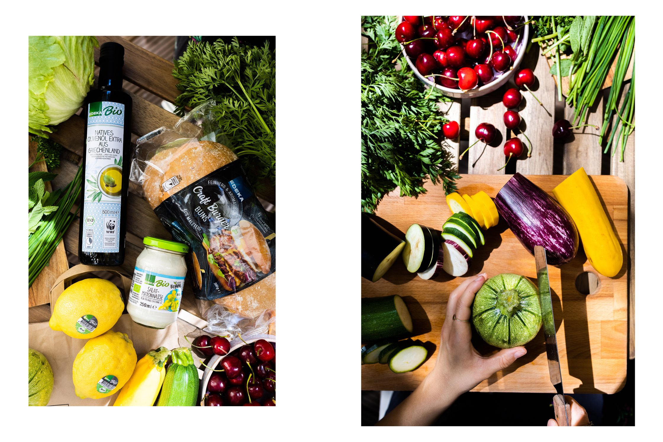 EDEA Produkte: Bio Zitronen, Burger Brötchen, Olivenöl, Mayonnaise, Salat, Kräuter und Kirschen