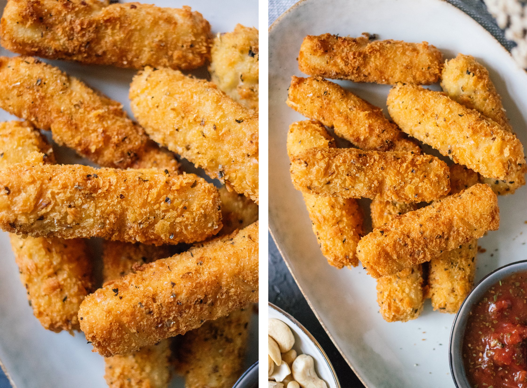 goldbraune, knusprige Vegane Mozzarellasticks