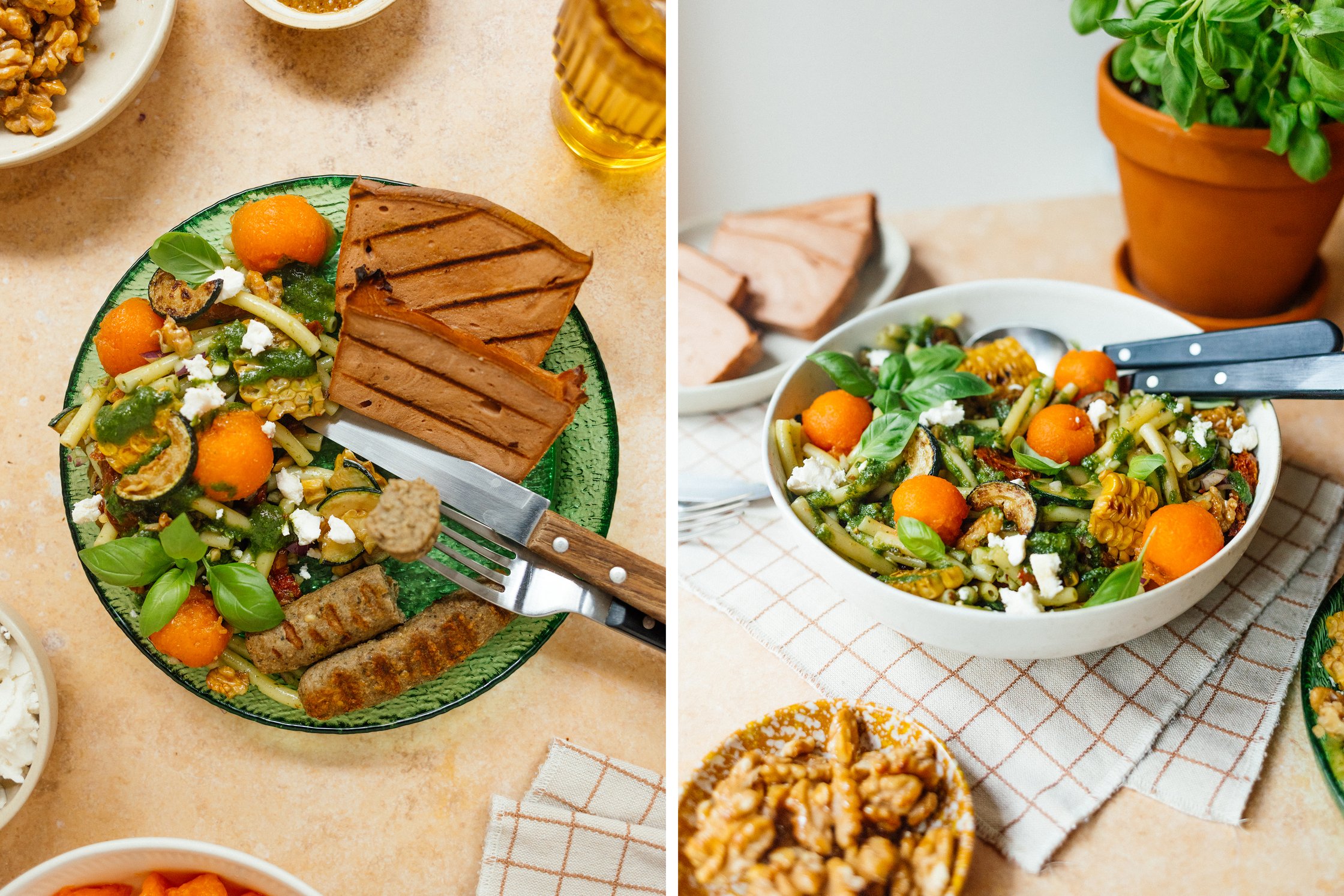 vegane Greenforce Würstchen zum Grillen mir Nudelsalat