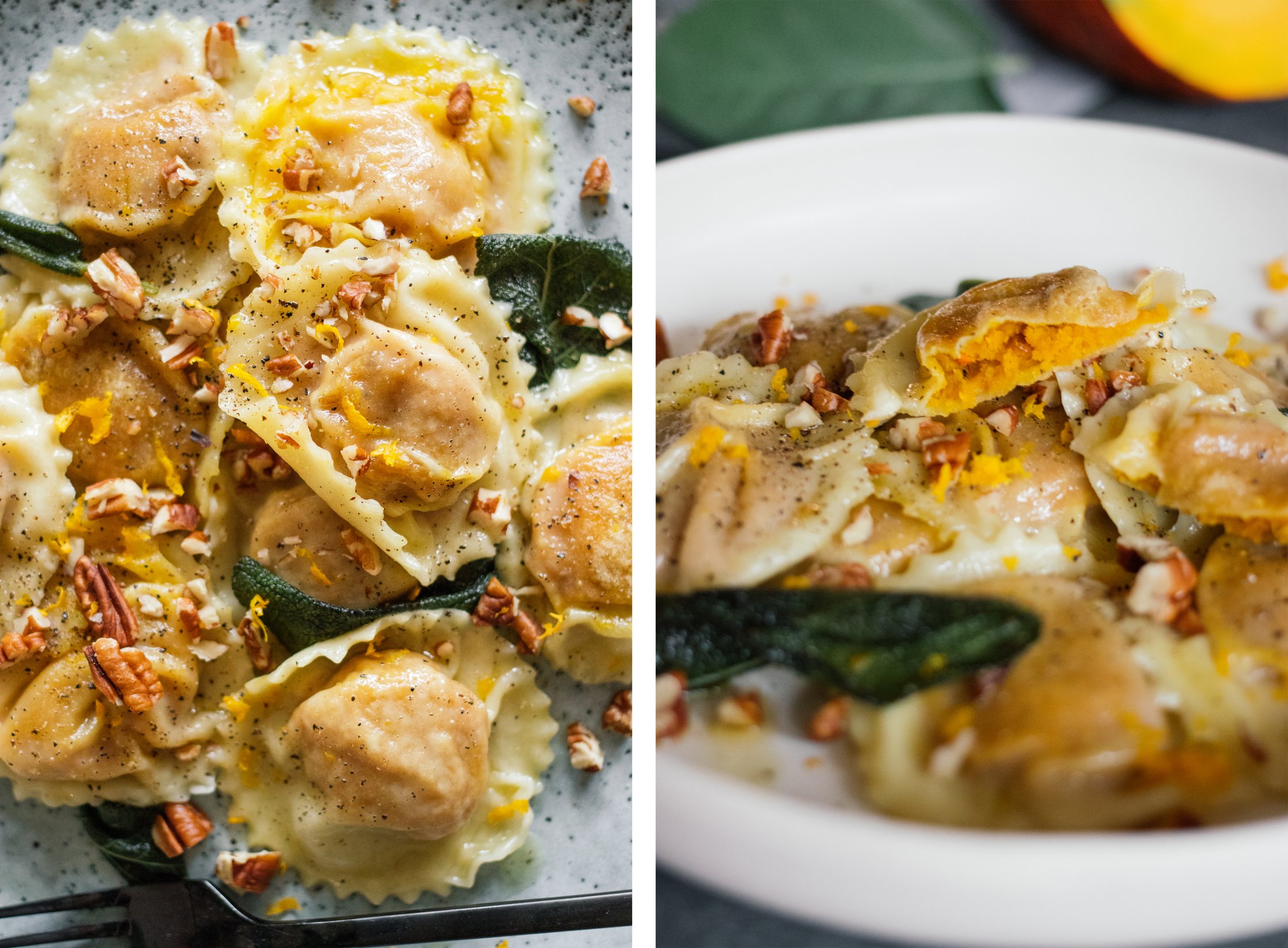 vegan pumpkin ravioli cut open