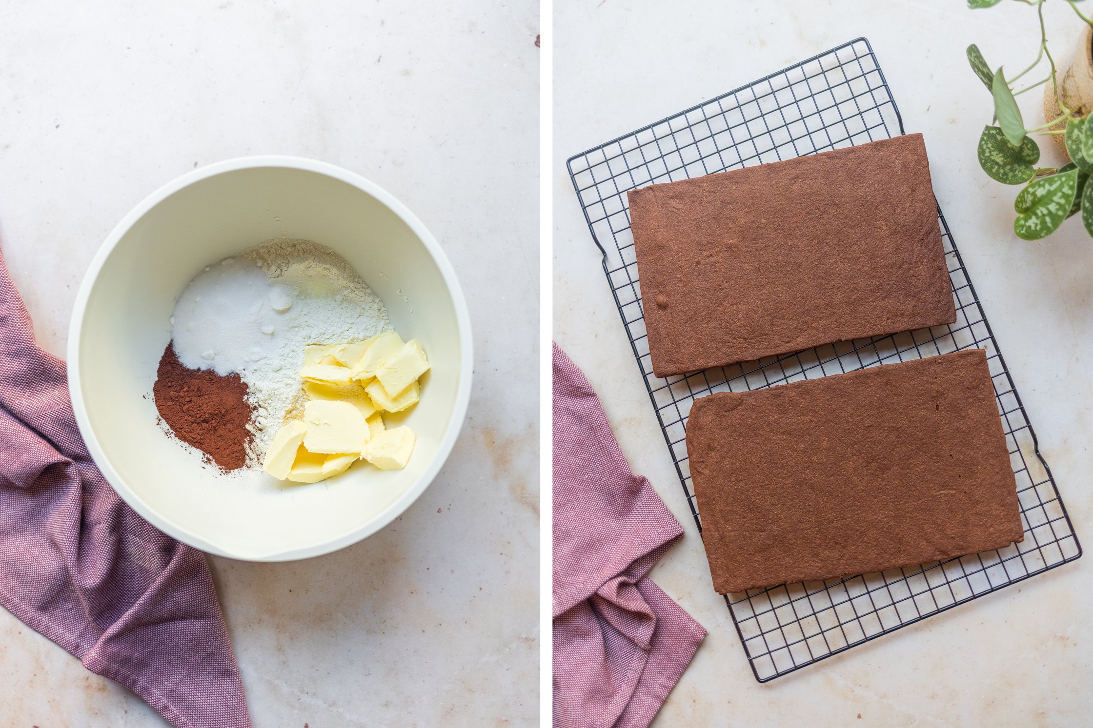 left: a bowl with all the ingredients for a vegan biscuit dough
right: the baked cakes bases on a grid