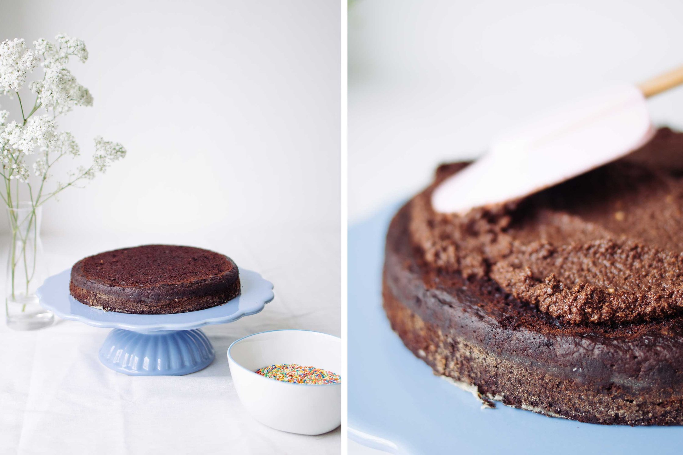 spreading the chocolate cream on the baked chocolate base