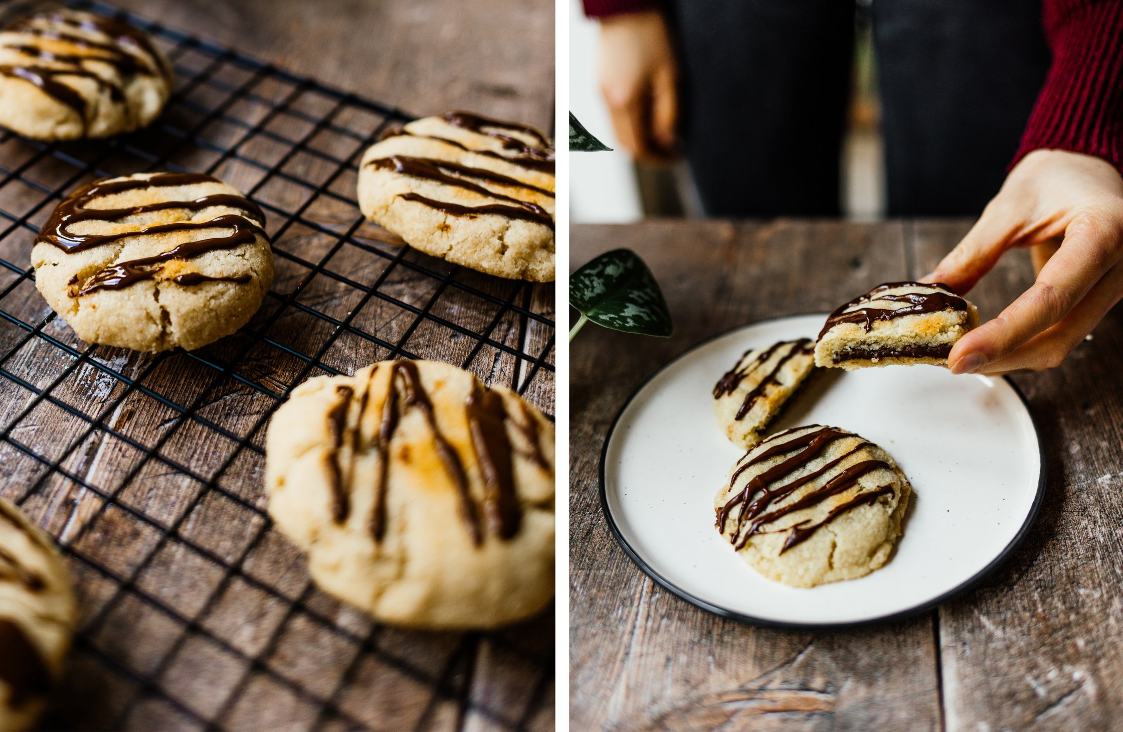 ready made cookies with chocolate hazelnut butter; vegan cookie cut open