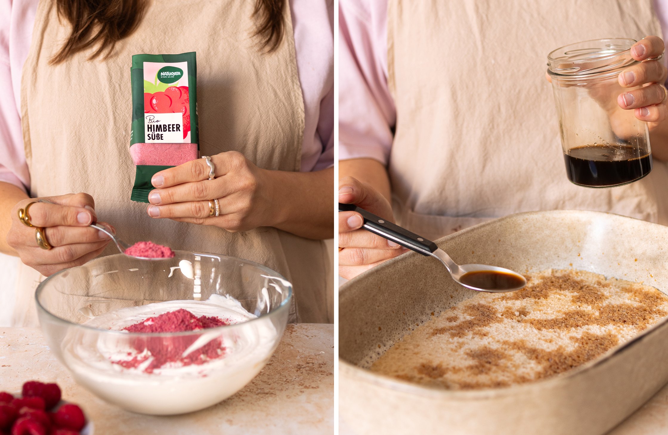 Two-part image - Left: Raspberry powder is stirred into whipped cream. Right: Espresso mixture is poured onto sponge cake bat