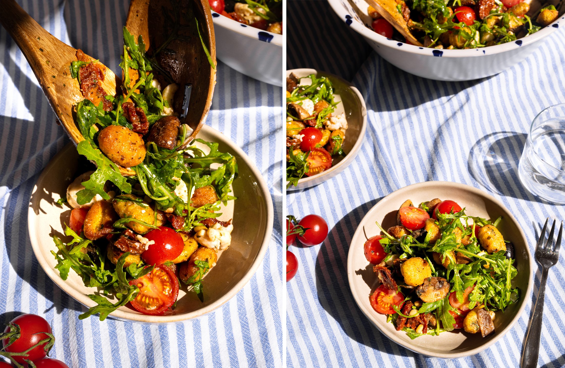 Ein zweigeteiltes Bild: Links wird der Salat in eine Schale geschöpft und rechts ist er in einem Schälchen auf einer gestreif