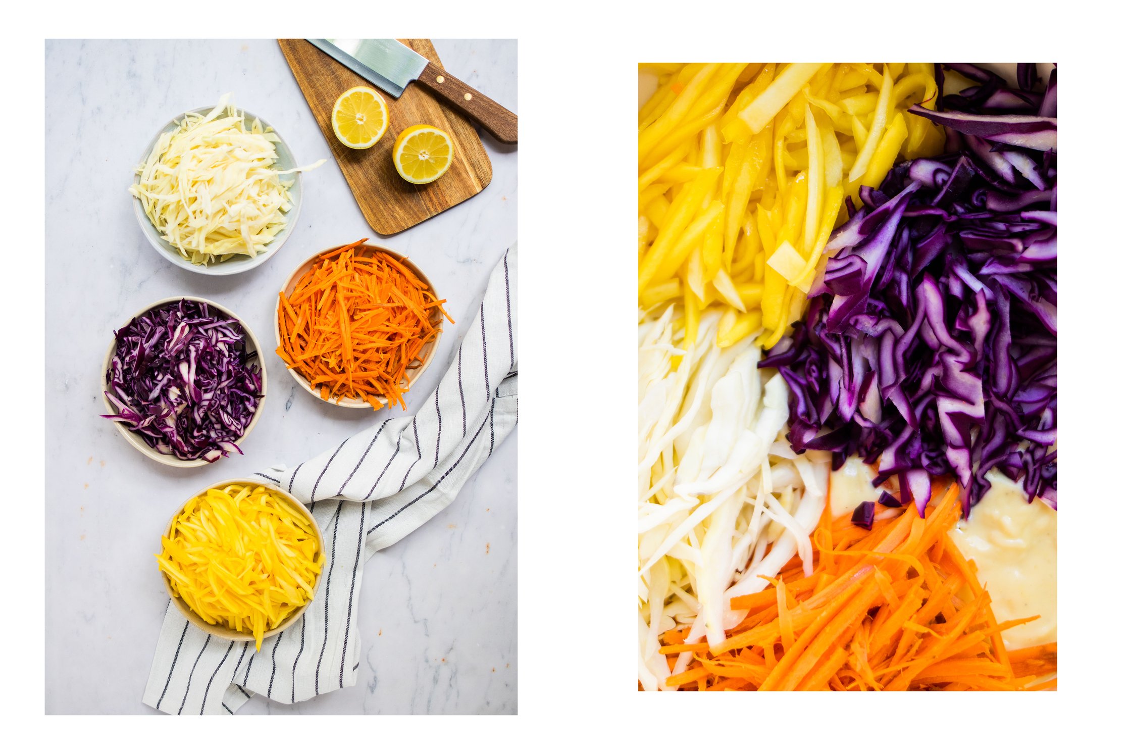 Small cut vegetables for vegan coleslaw, lemon, board and knife