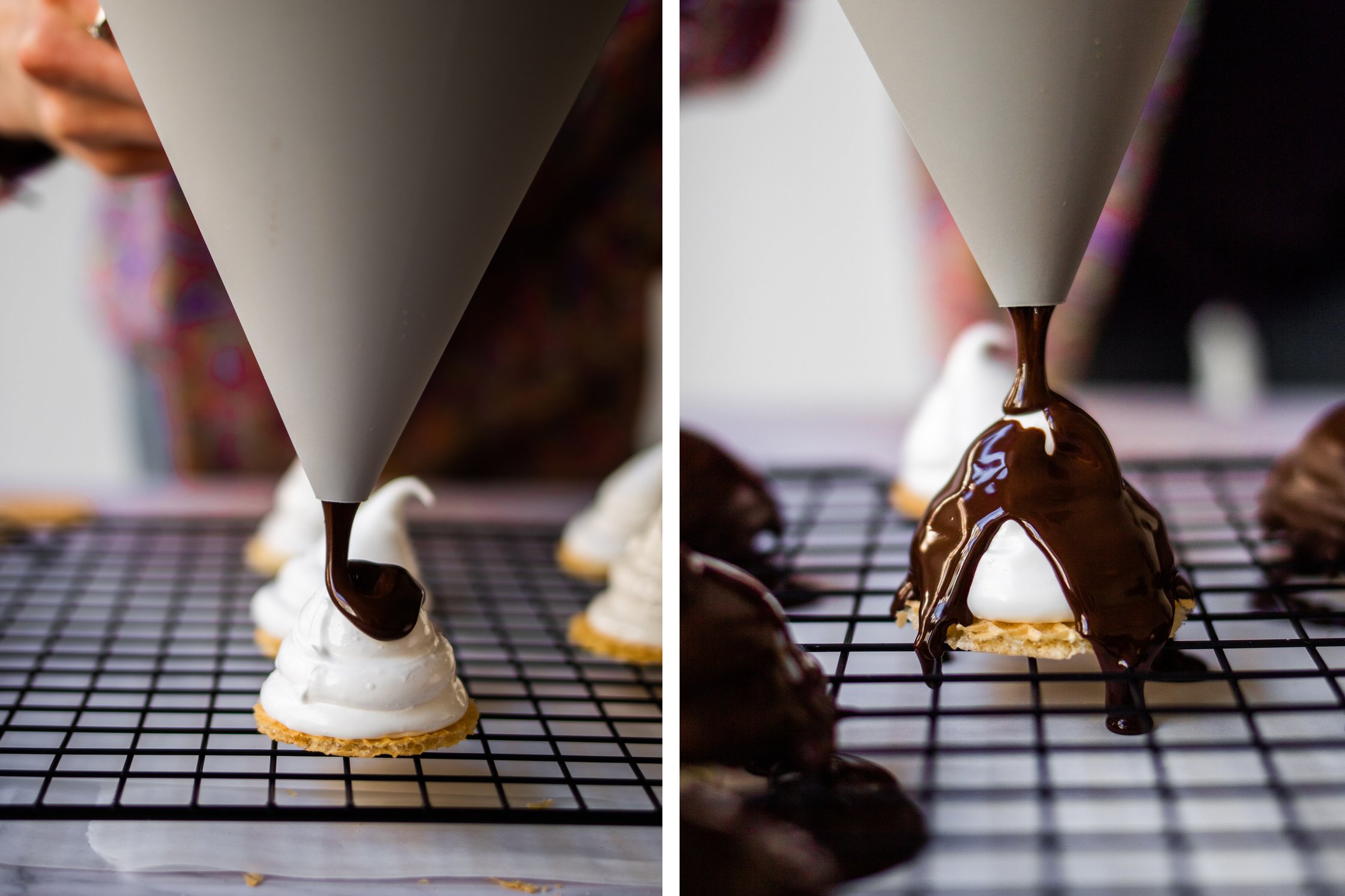 covering vegan mallomars with melted chocolate