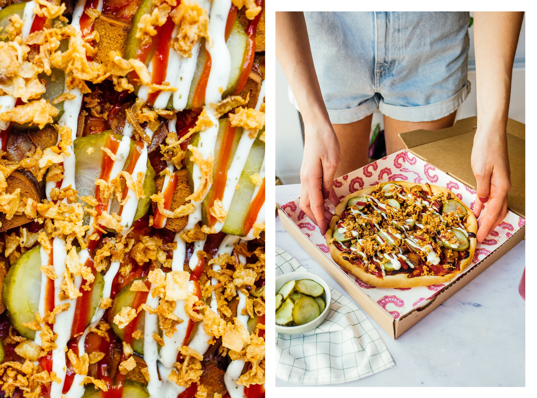 vegane Hot Dog Pizza mit Ketchup und Remoulade