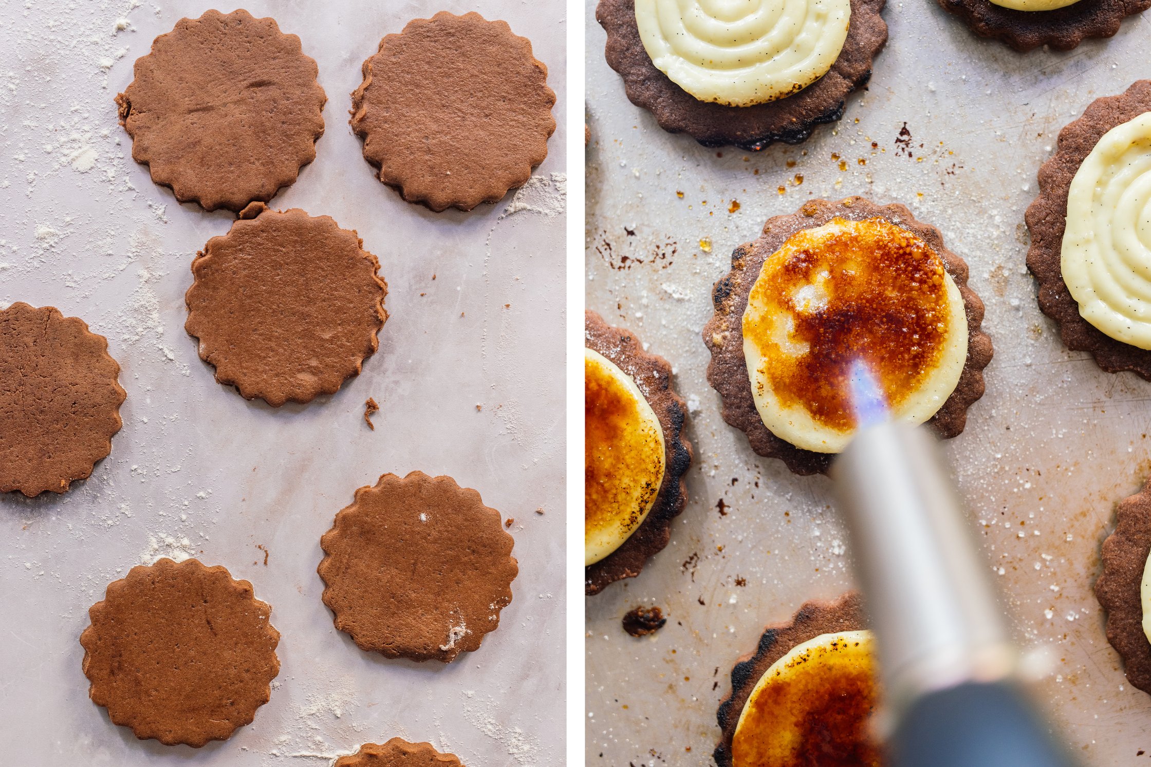 der Zucker wird karamellisiert bei veganen Creme Brûlée Keksen