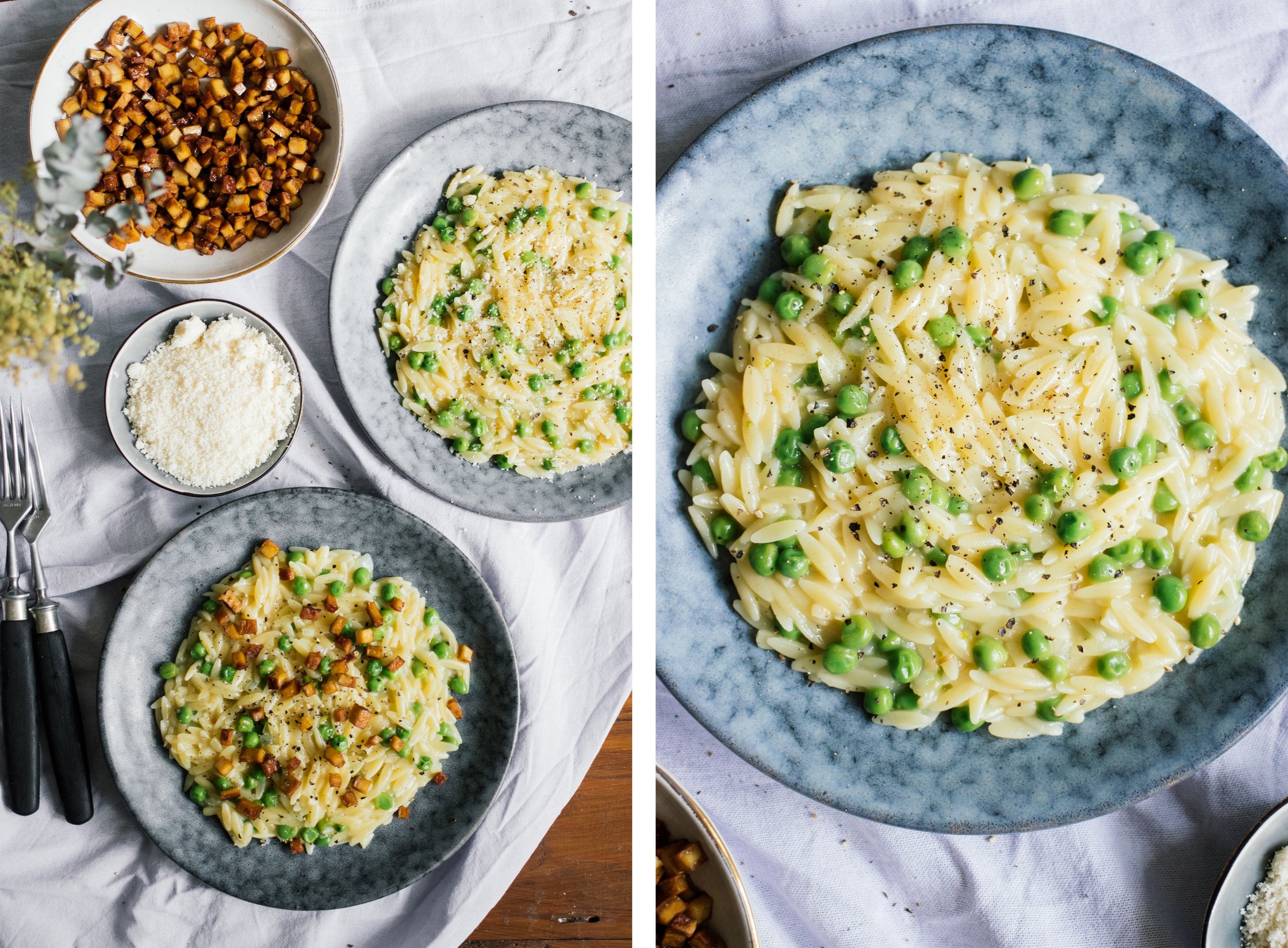 Veganes Orzotto mit Erbsen und Räuchertofu auf dem tisch