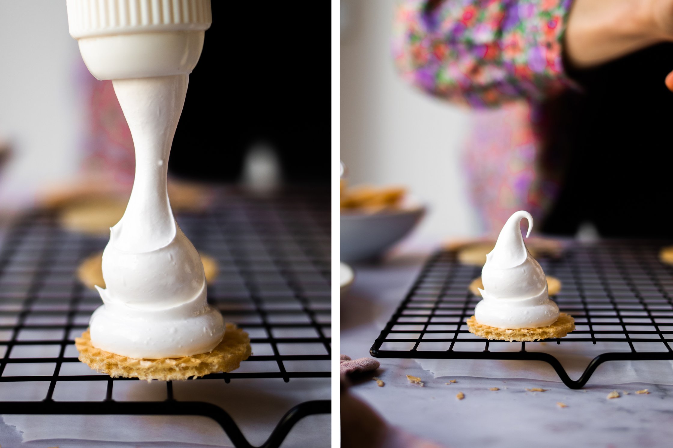 piping bag with vegan marshmallof fluff, chocolate glazing for vegan mallowmars