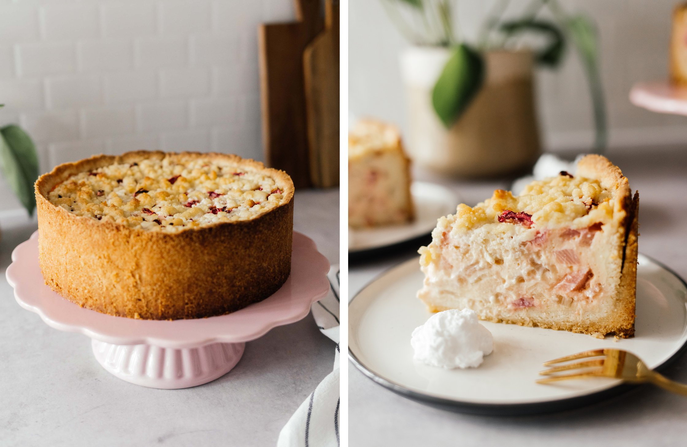 veganer Rhabarber-Quark-Streuselkuchen ganz und angeschnitten