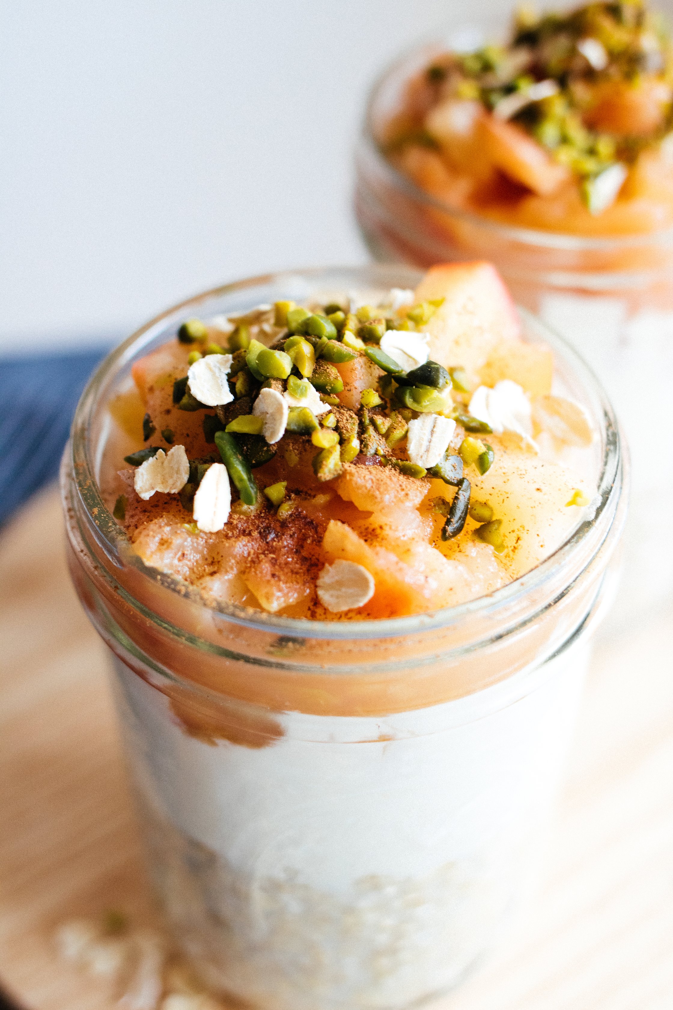 vegan oatmeal with apple sauce and pistachios