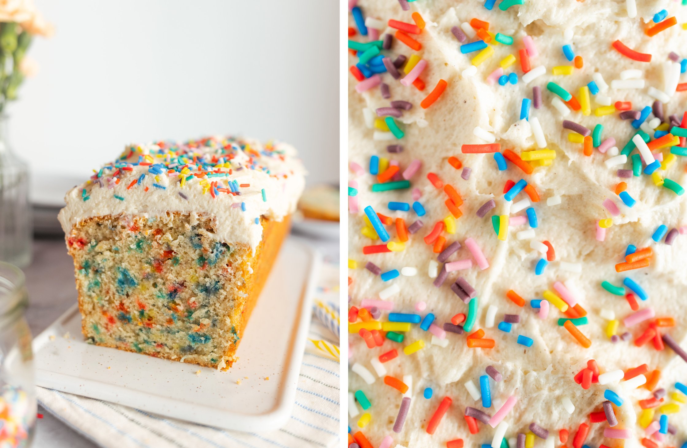 veganer Funfetti Cake angeschnitten; Nahaufnahme vom Frosting mit Streuseln