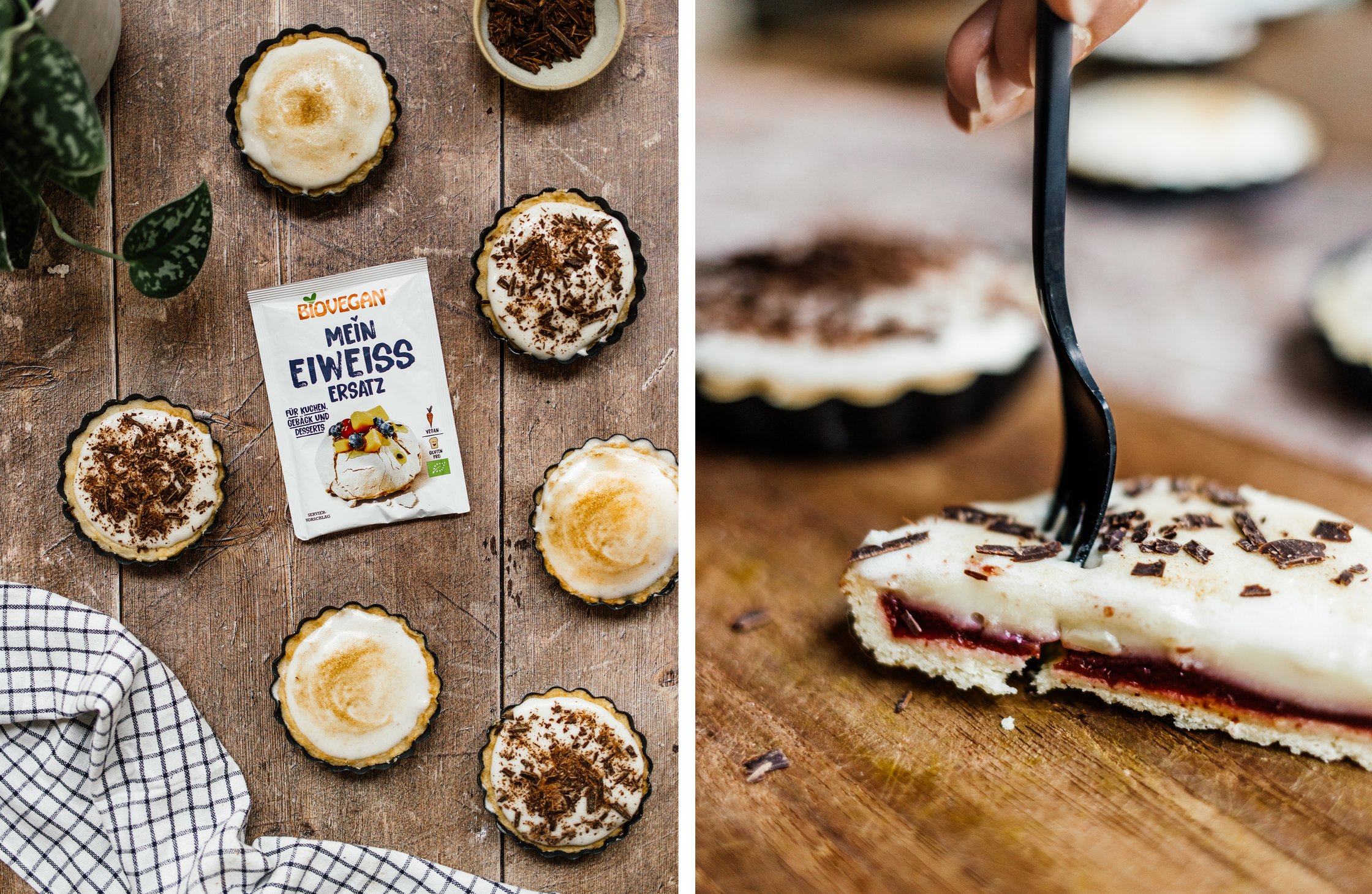 vegan tartelettes and a package of egg substitute; tartelette cut in half