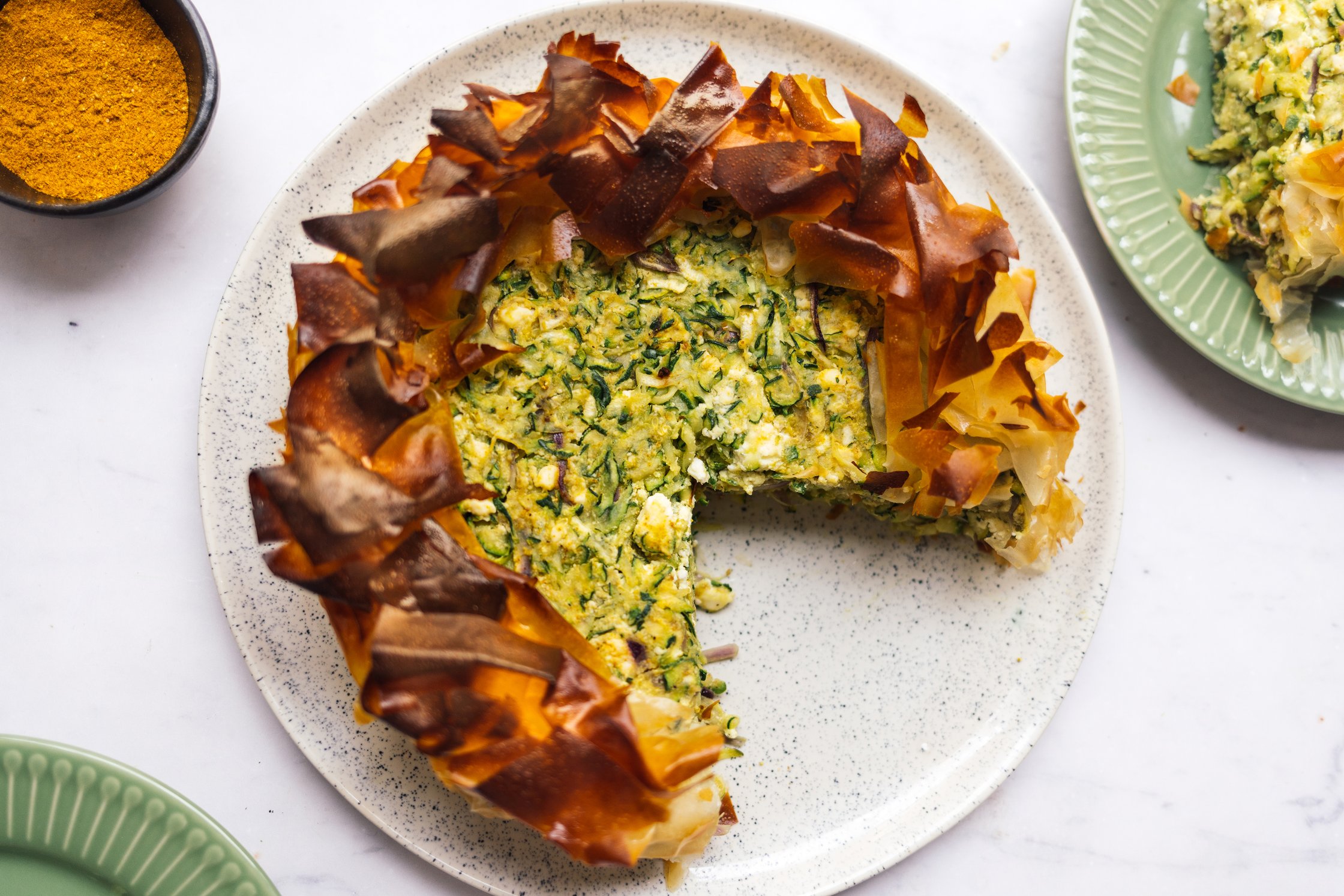 cut vegan phyllo pie after baking