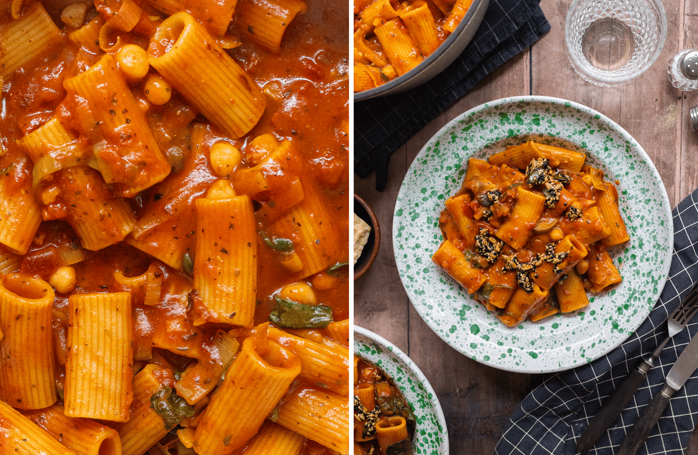 Ein Teller der veganen One-Pot Pasta à la Ceci auf grün-weißem Teller, daneben der Topf mit restlichen Nudeln und Besteck auf