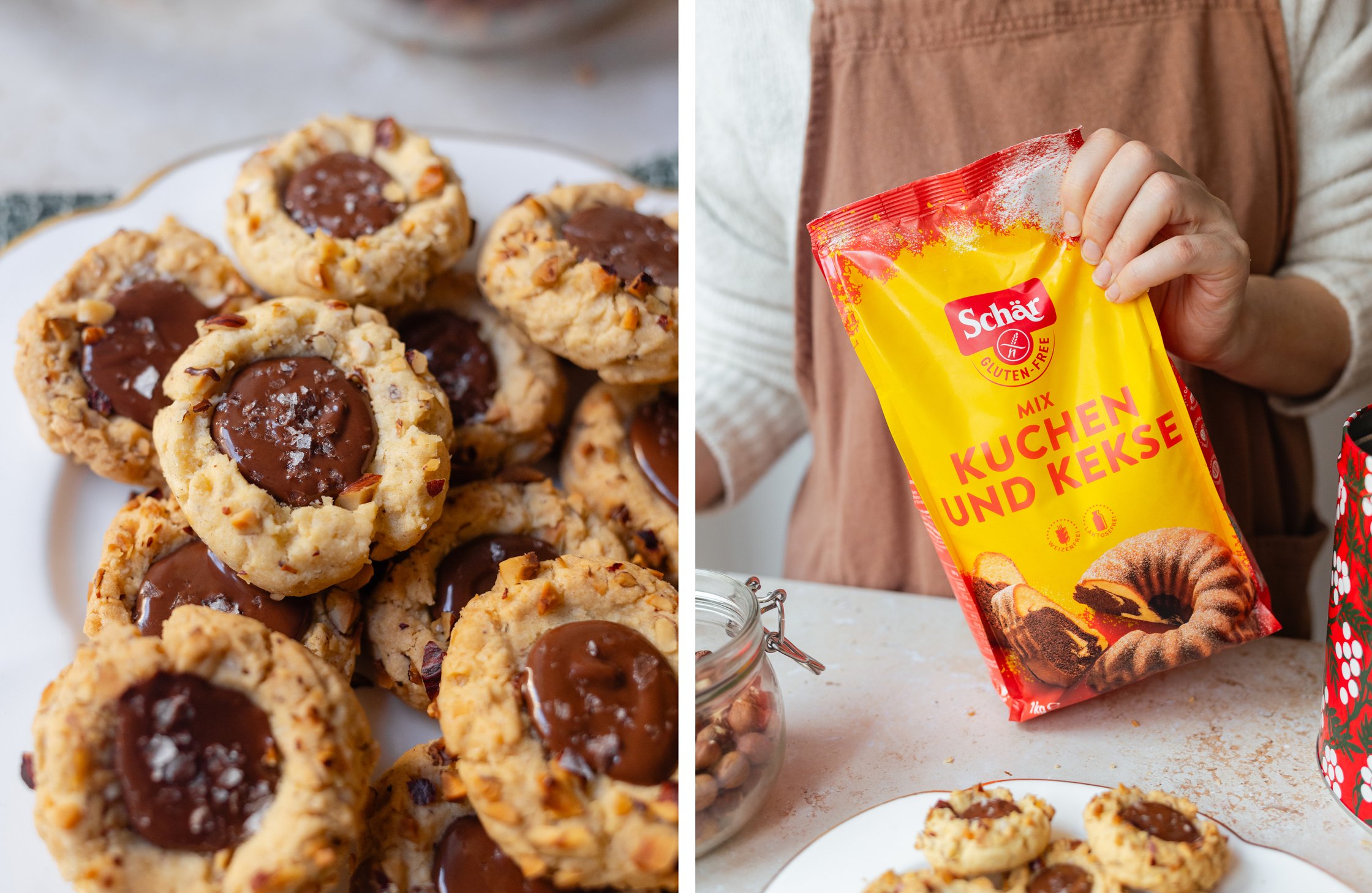 gluten-free hazelnut nougat cookies on a plate; gluten-free flour