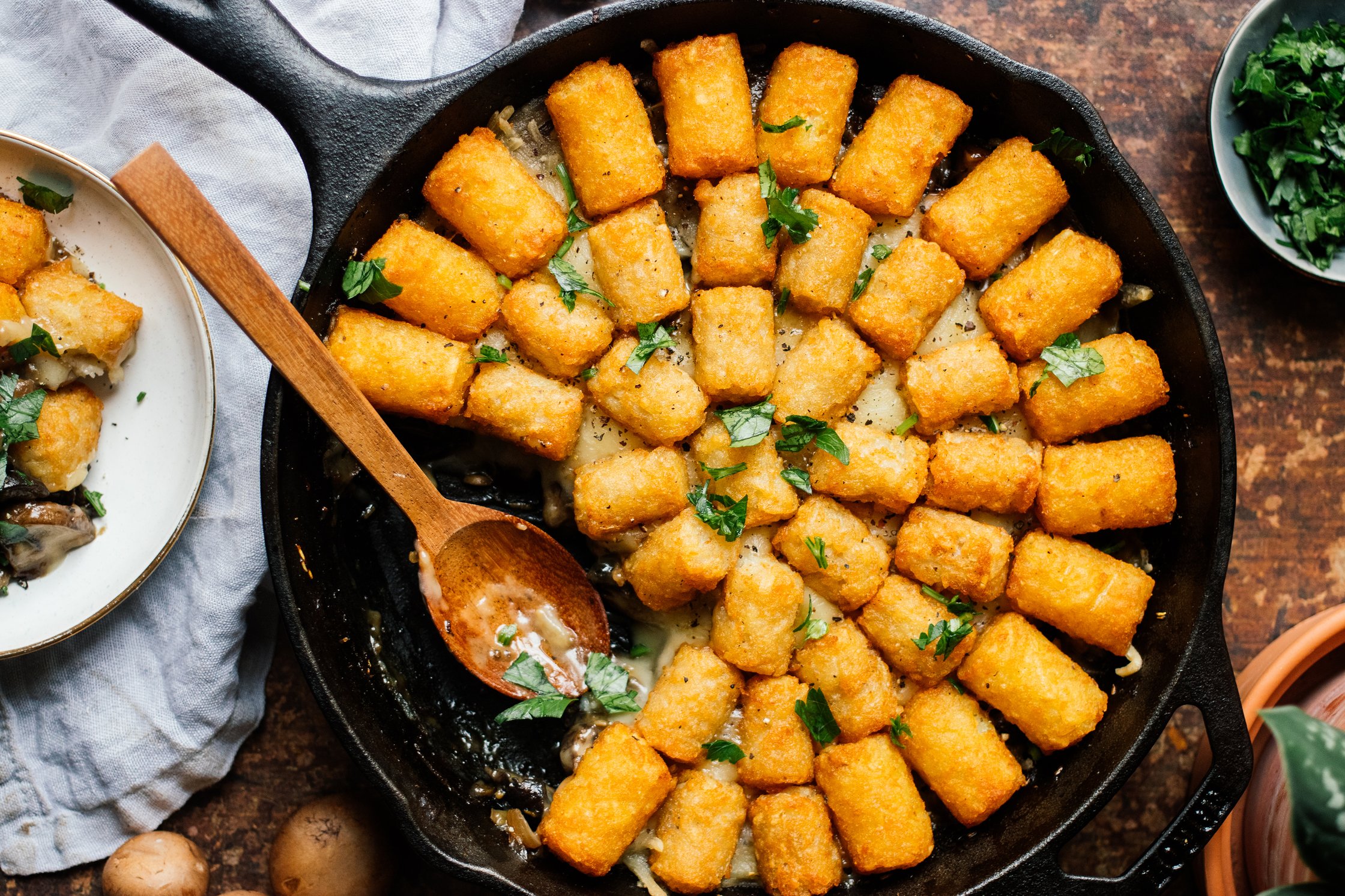 Vegan Tater Tot Casserole with Mushrooms on the table