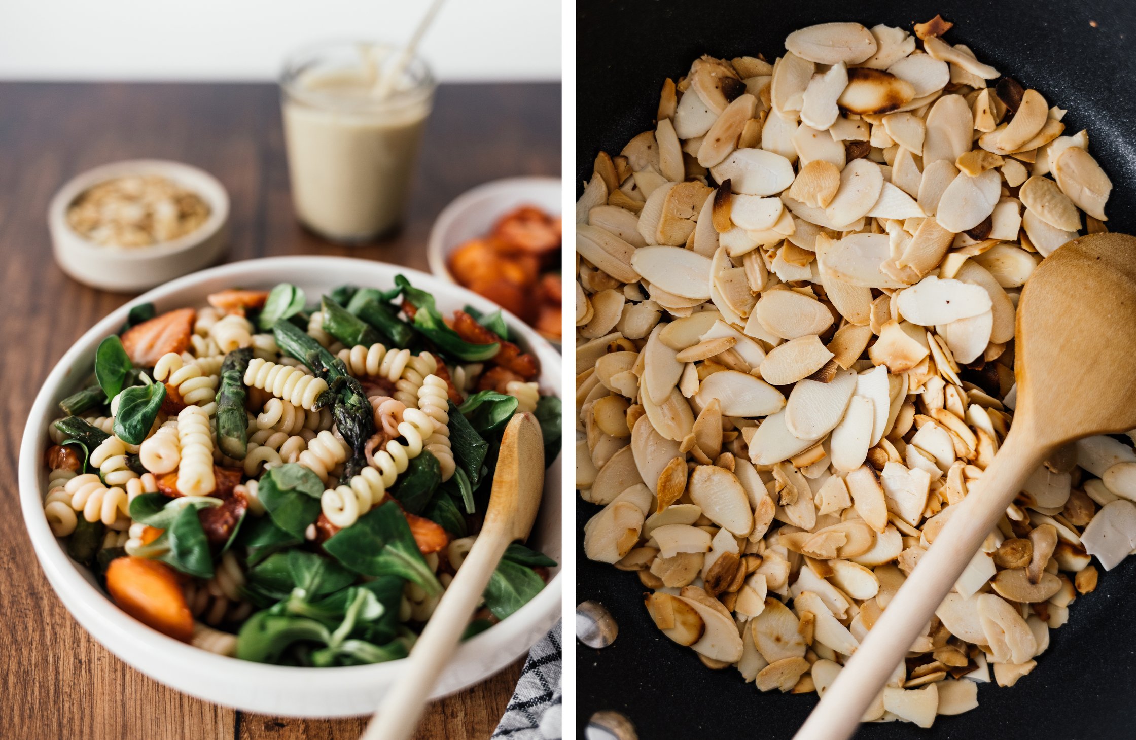 mixing vegan asparagus pasta salad with strawberries; roasted almonds