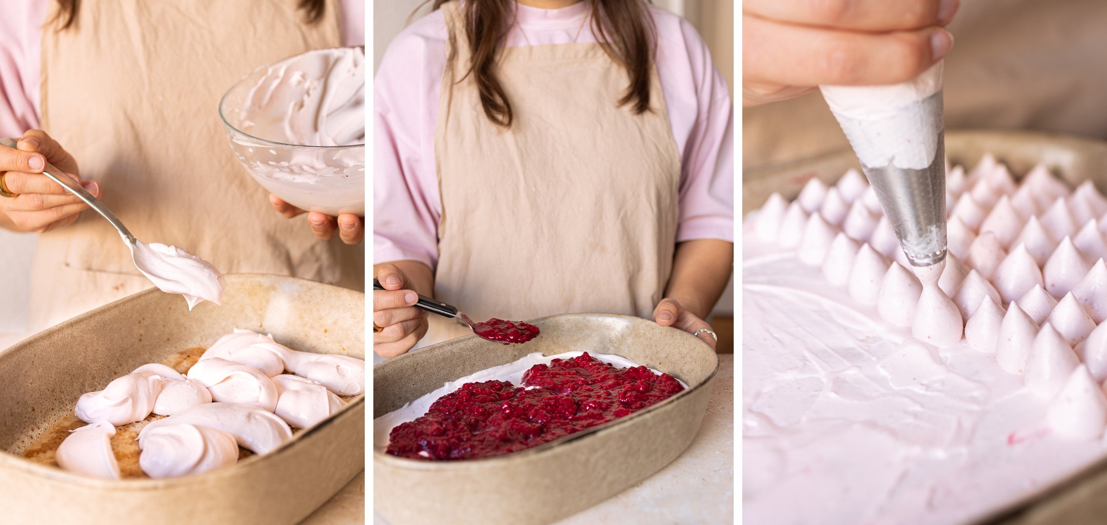 Three-part image - Left: Raspberry cream is spooned onto sponge cake. Center: Raspberries are distributed. Right: Cream roset