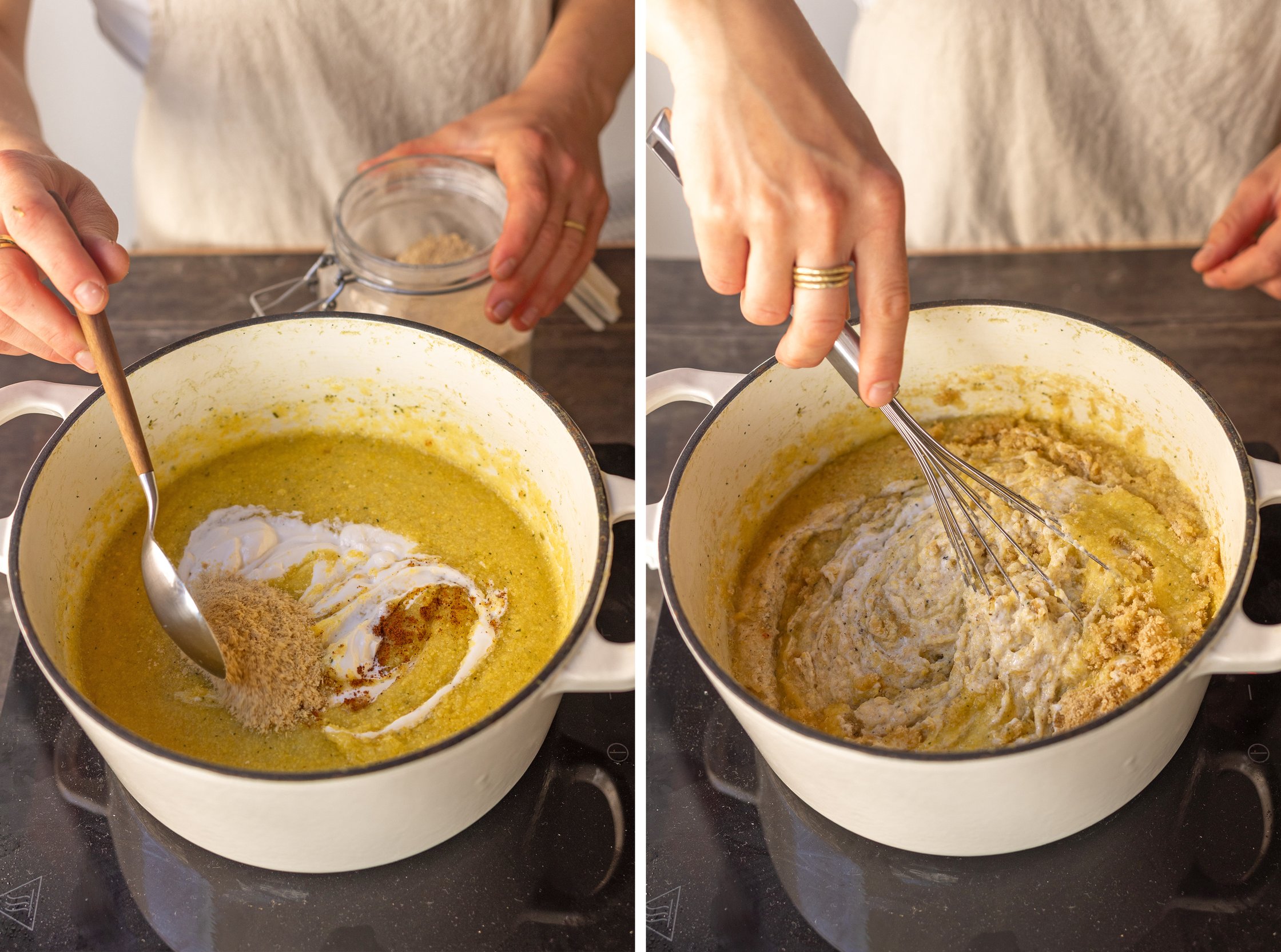 veganen schmand und hefeflocken in vegane polenta rühren