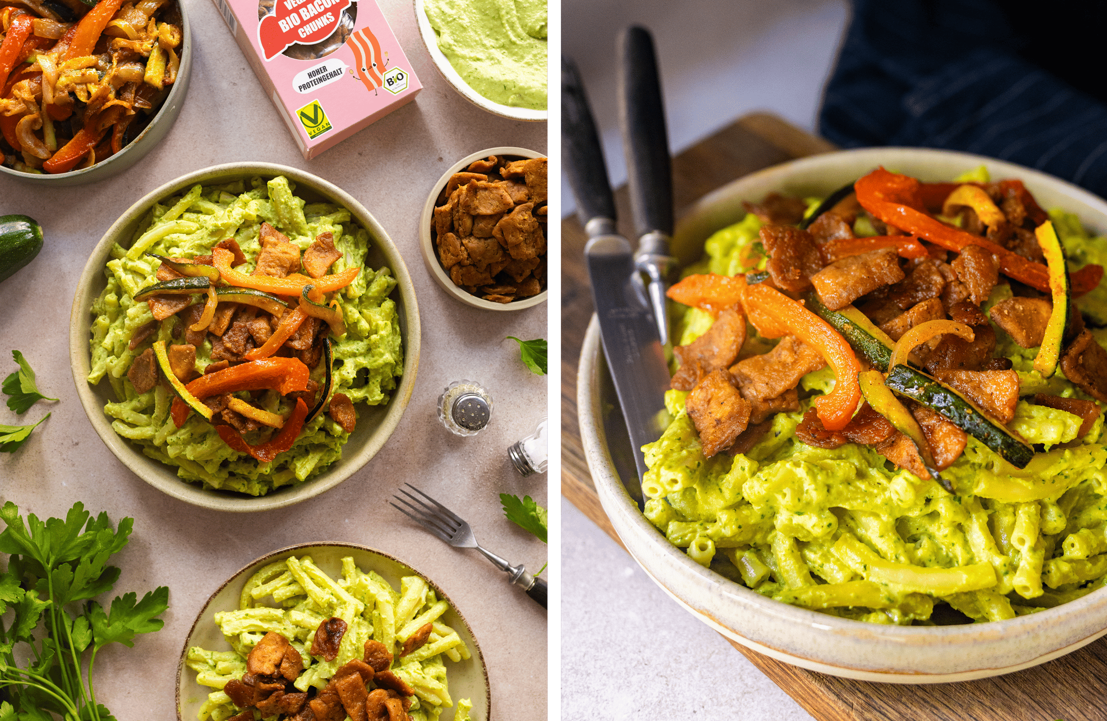 Vegan Summery Mac ‘n’ Cheese with Bacon and grilled vegetables served in a beige bowl