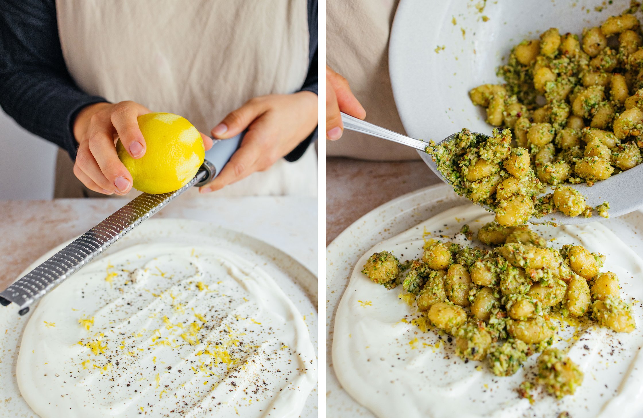 veganer Joghurt wird mit Zitronenabrieb verfeinert; die Gnocchi werden auf den Joghurt auf einen Teller gegeben