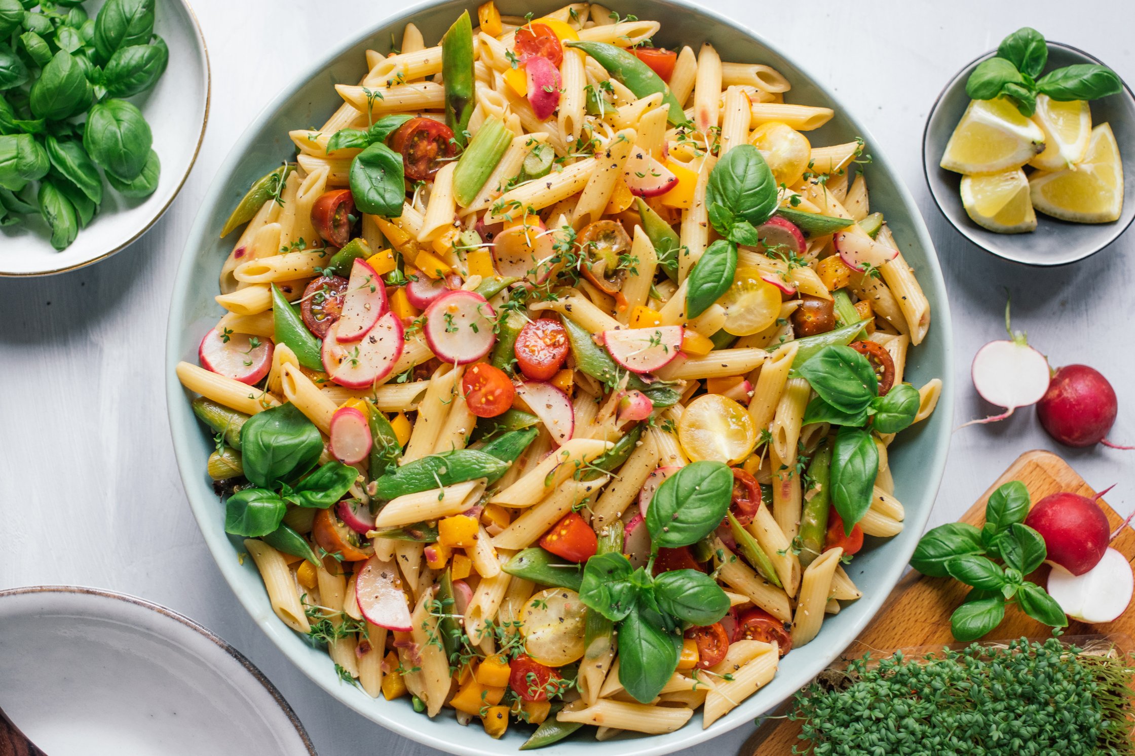 a large bowl filled with Vegan Pasta Primavera