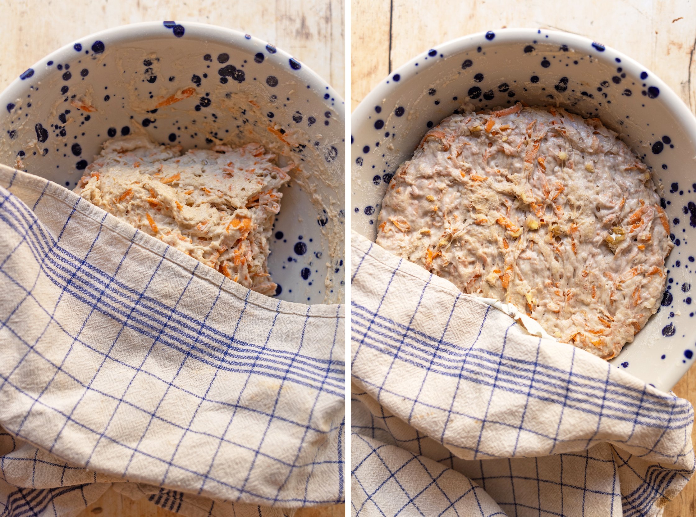 dough for no knead bread with carrots and walnuts before and after resting