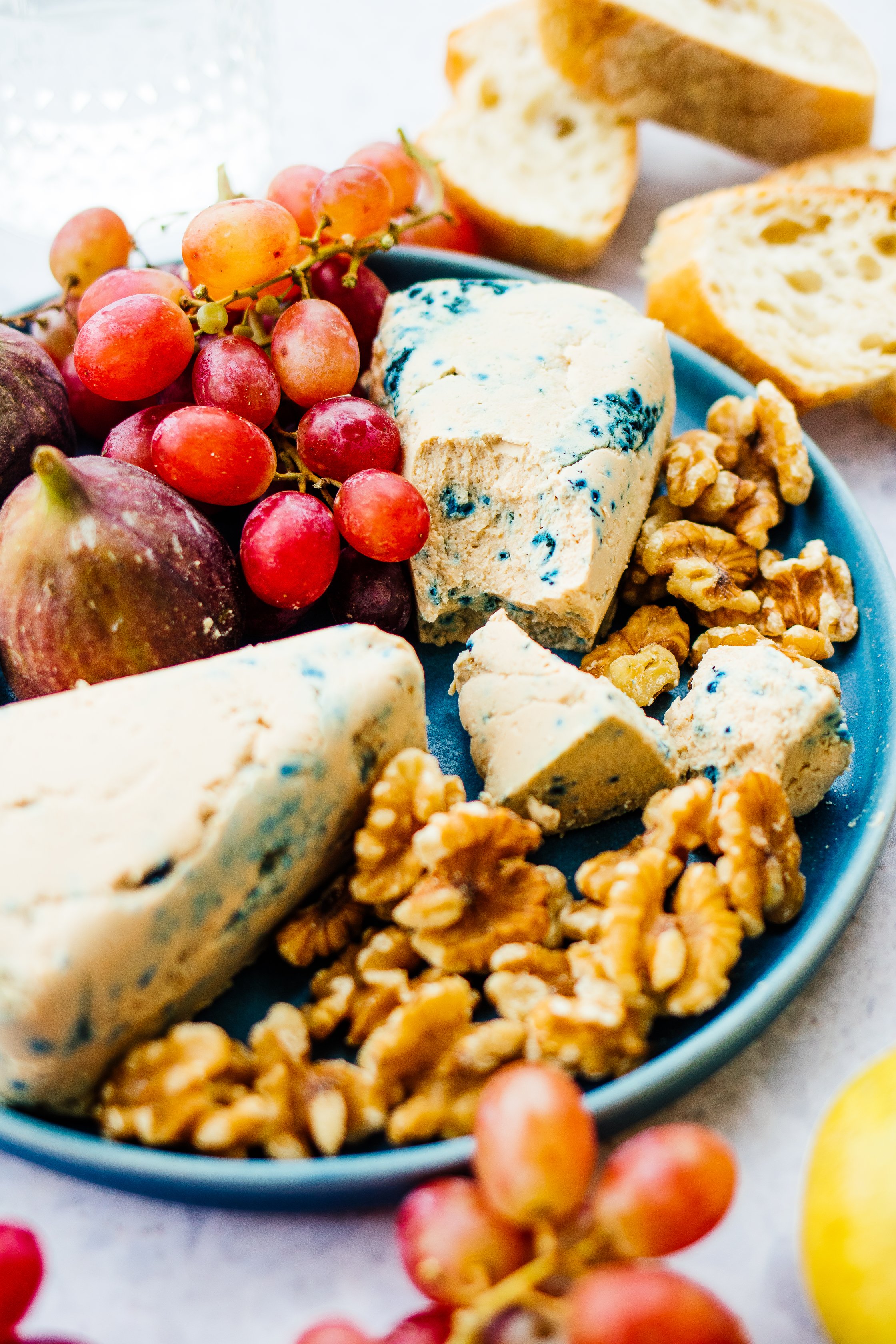 vegan gorgonzola cheese on a blue plate