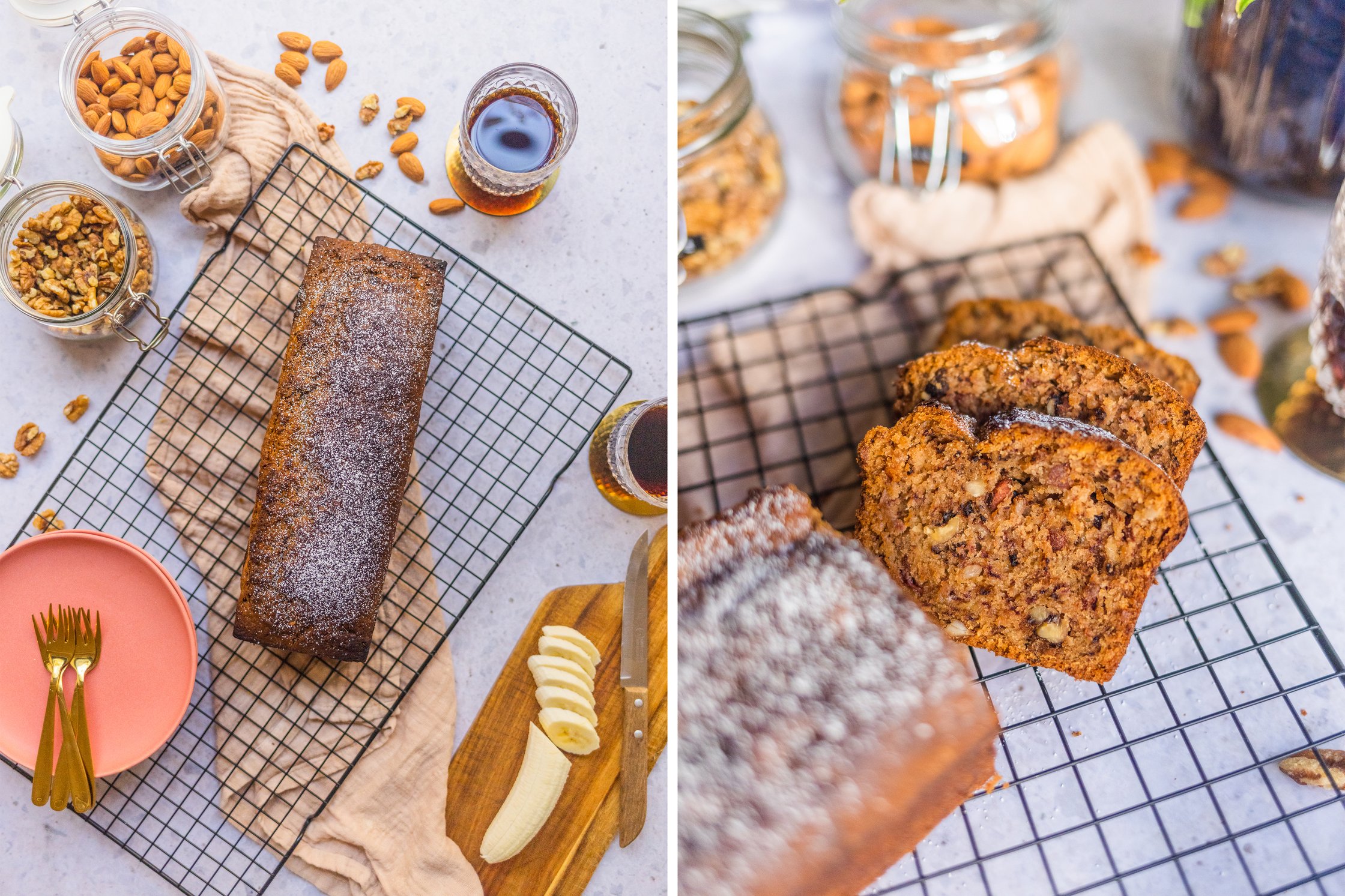 vegan banana bread on a rack, coffee, nuts and pink plates with golden forks are lying next to it