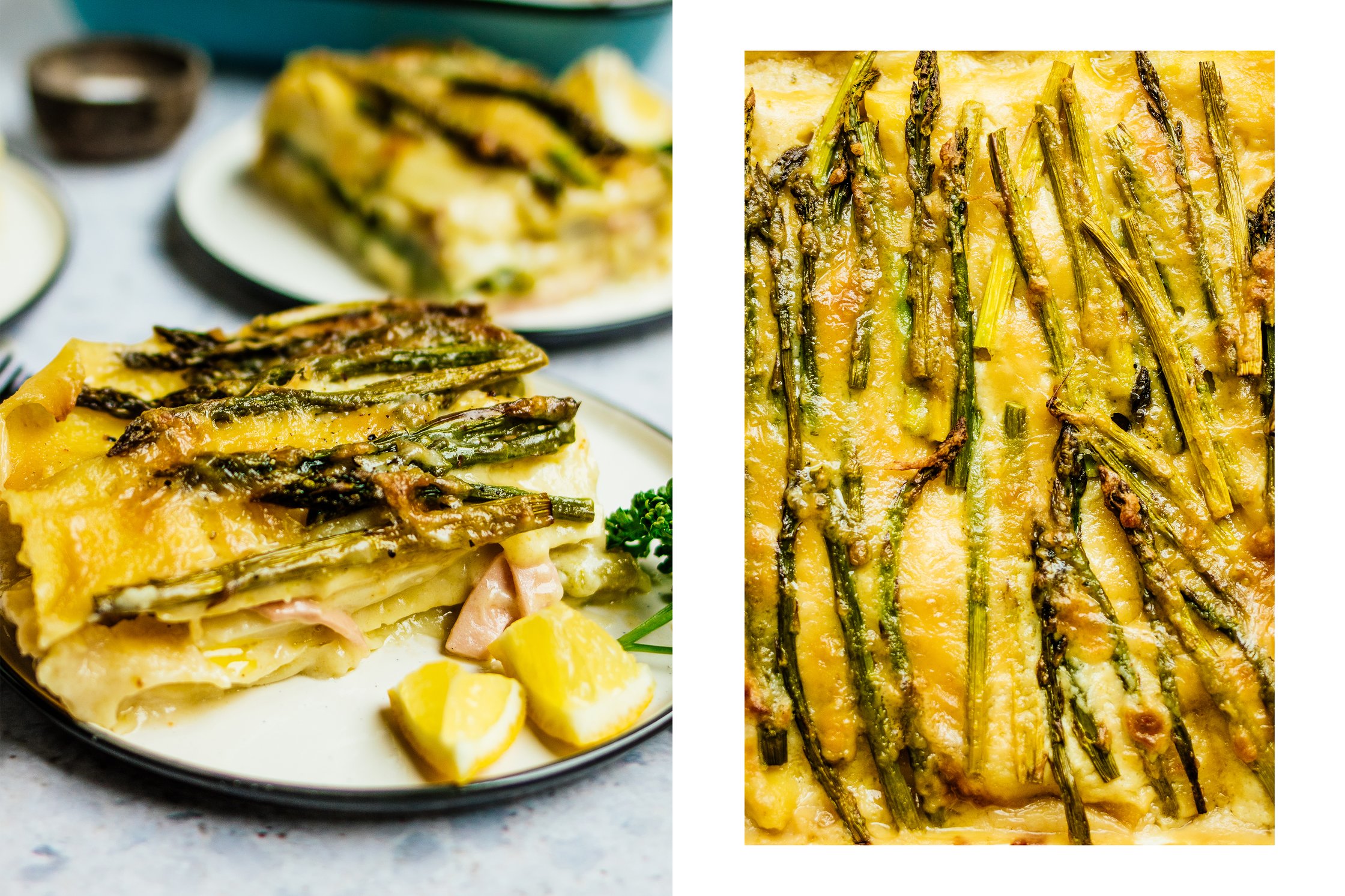 Vegane Spargellasagne auf Teller mit Zitrone und Petersilie