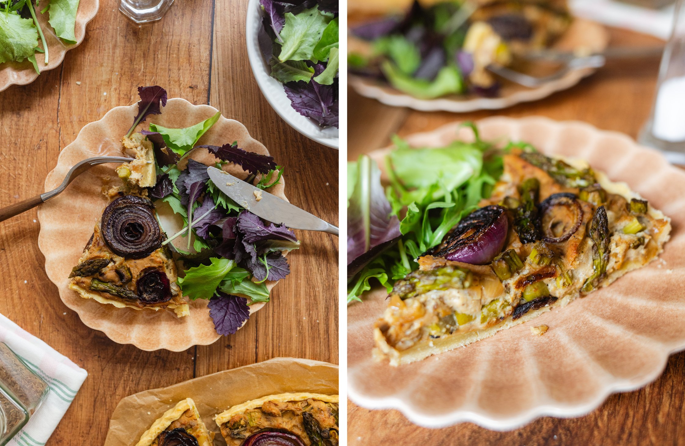one piece of vegan onion quiche on a plate with salad