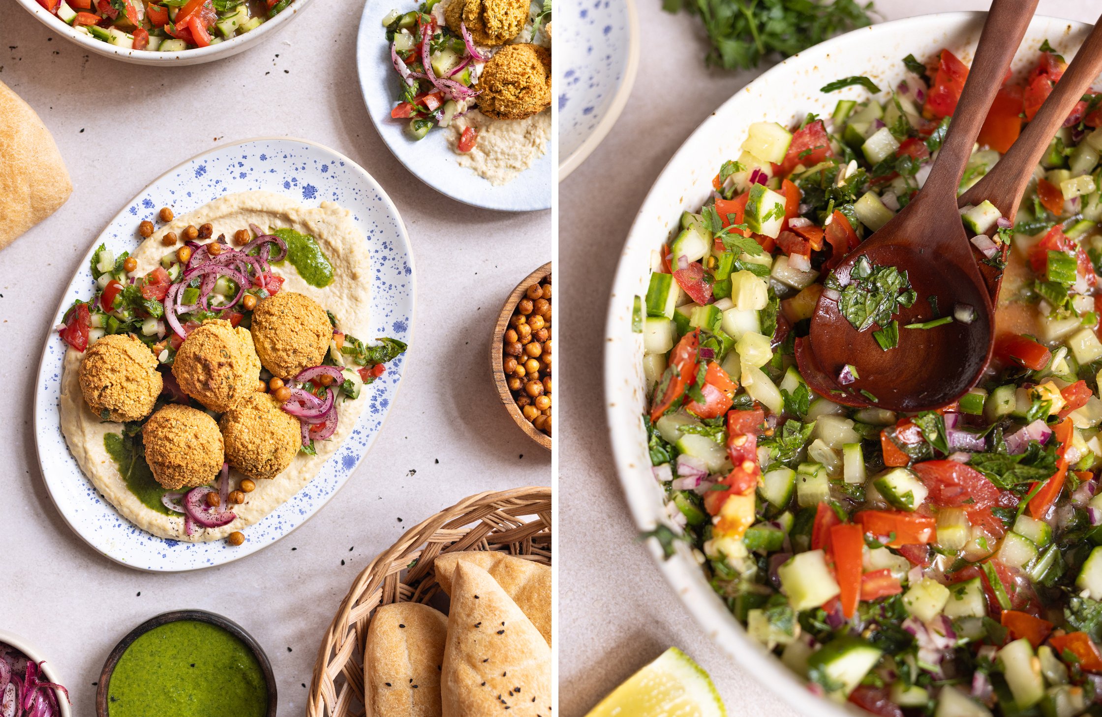 Finished falafel platter with salad and flatbread, plus a close-up of the salad bowl.