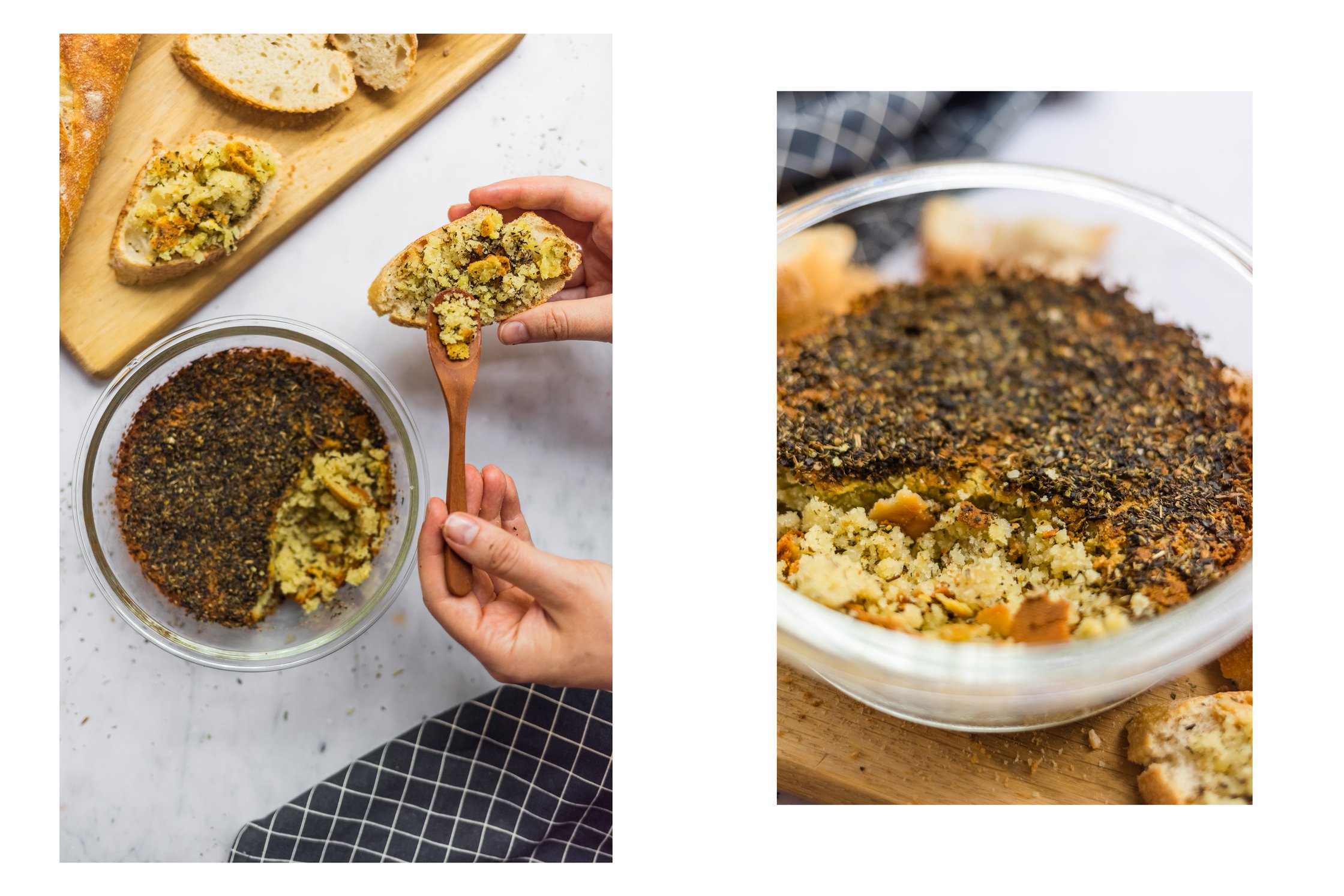 Vegan feta cheese from the oven on a baguette