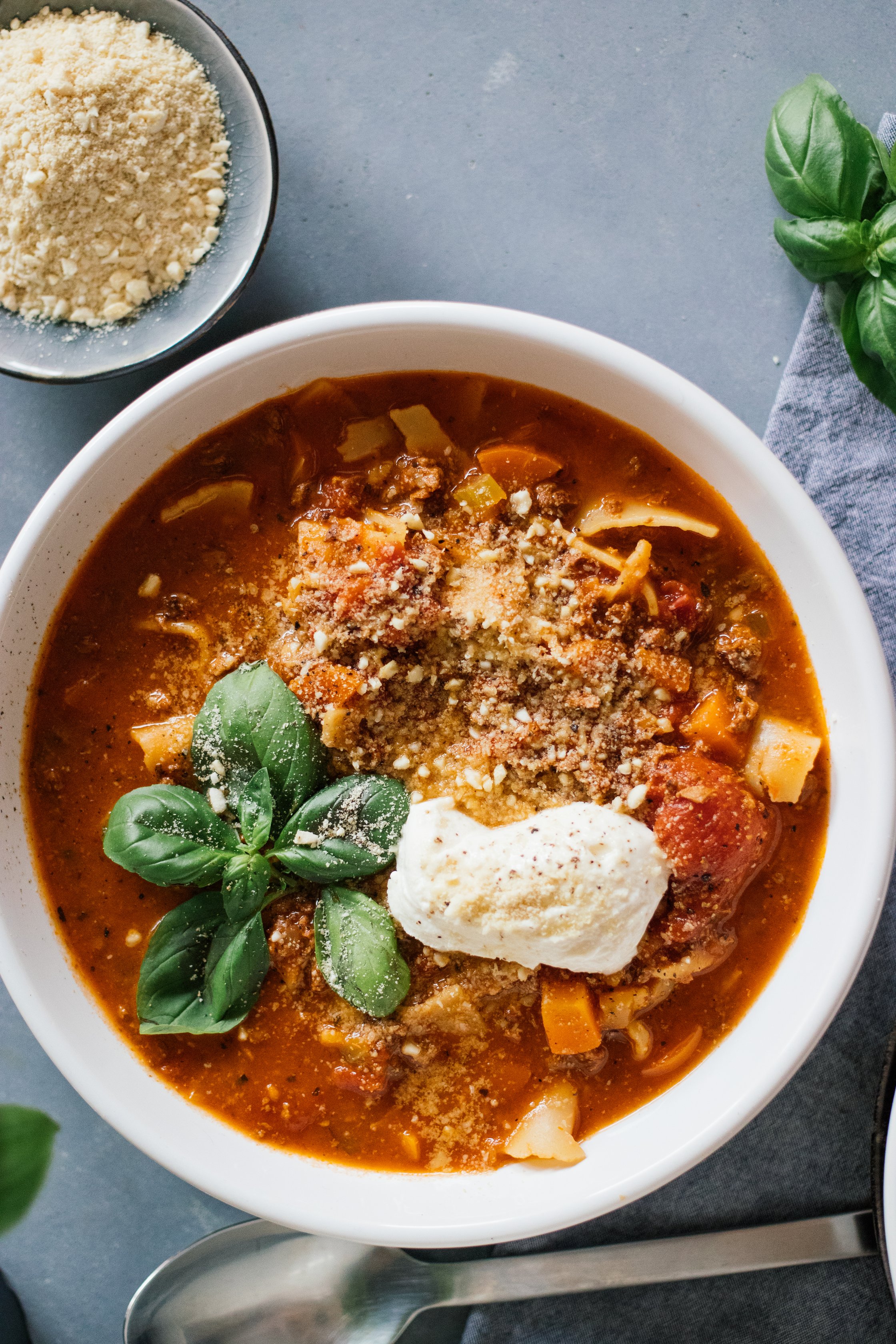 closeup of vegan lasagna soup