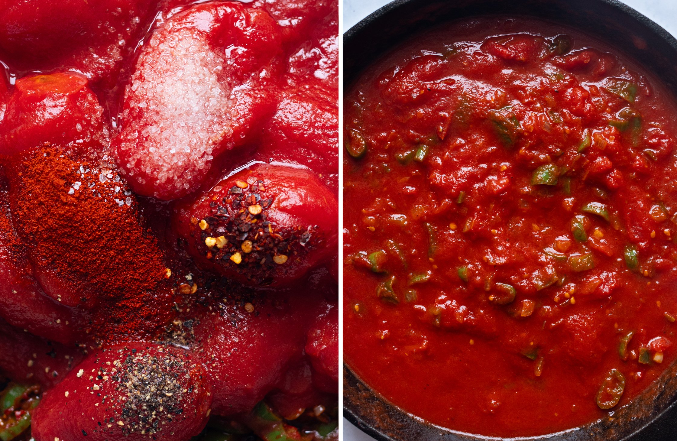 Links Nahaufnahme von Tomaten und Gewürzen, rechts Tomatensoße in Pfanne.
