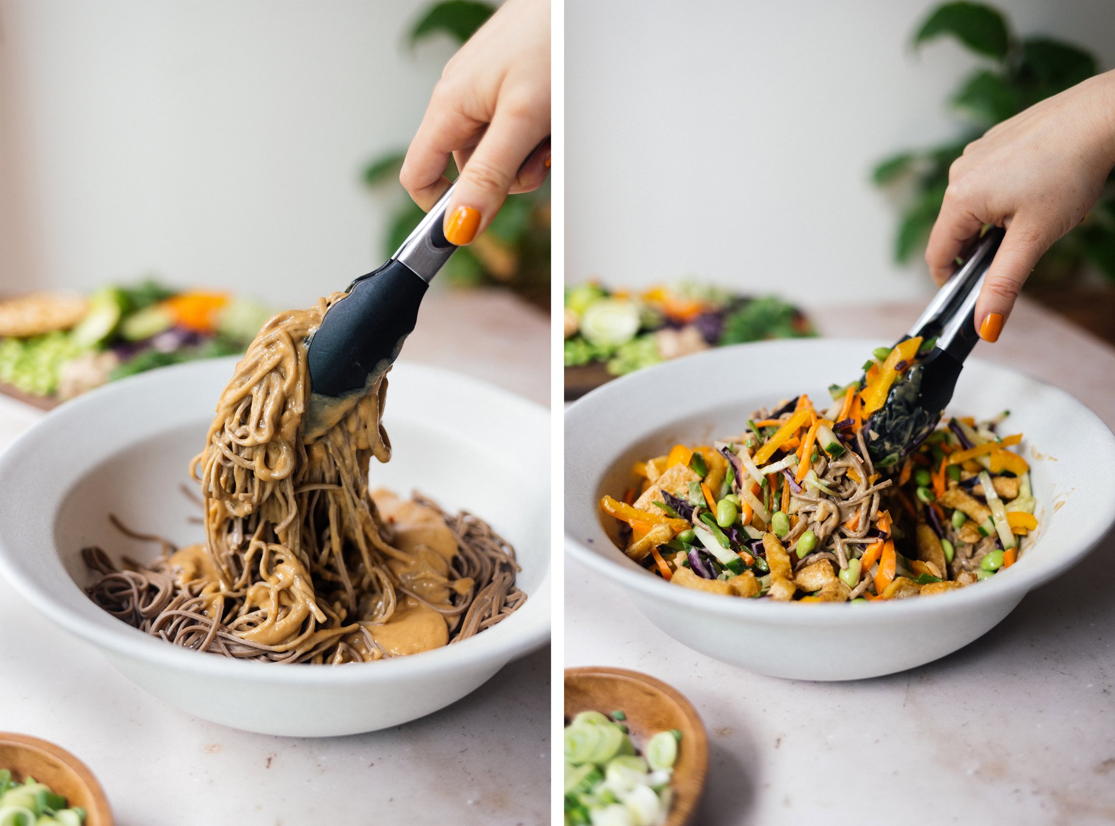 tossing salad and dressing for Vegan Soba Noodle Summer Roll Salad