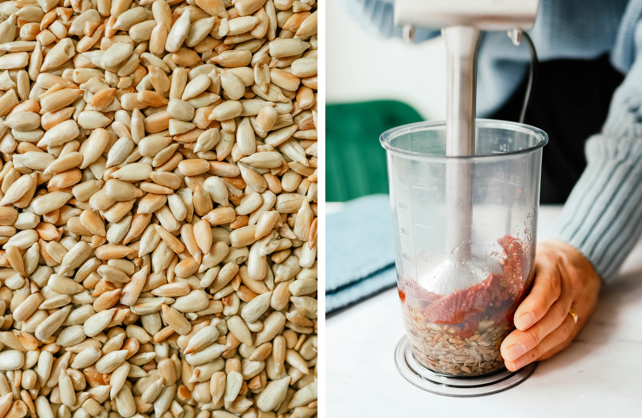 roasted sunflower seeds; mixing sunflower seeds with dried tomatoes