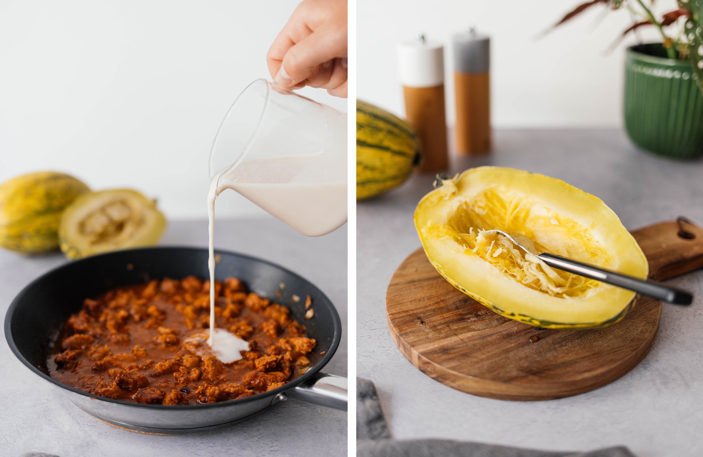 mixing vegan mince sauce; scraping out spaghetti squash