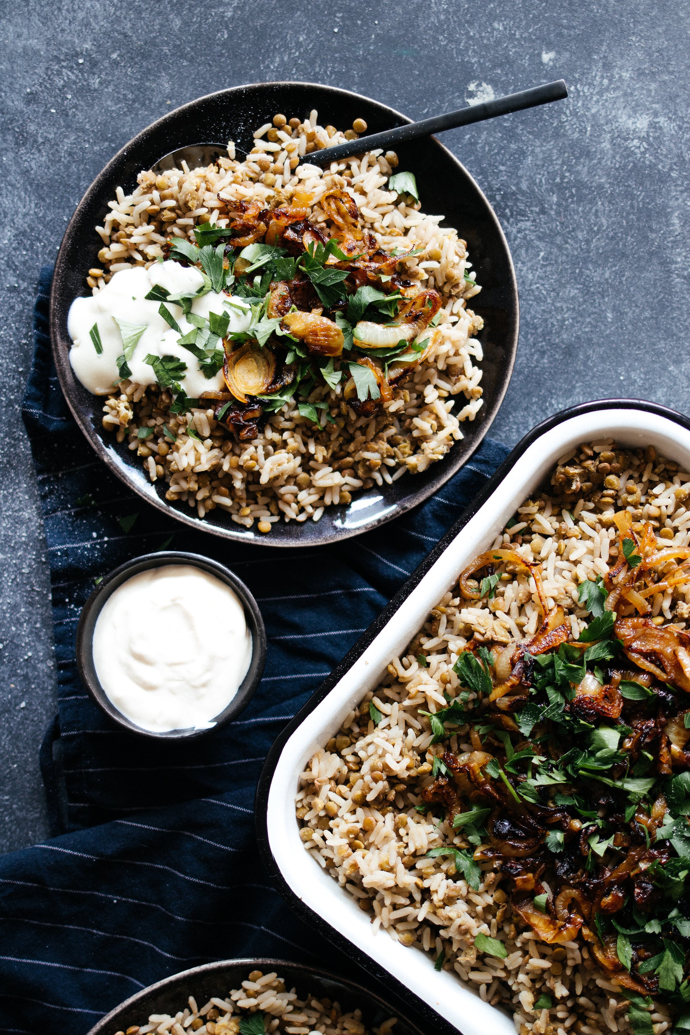 vegan mujadara with plant-based yogurt