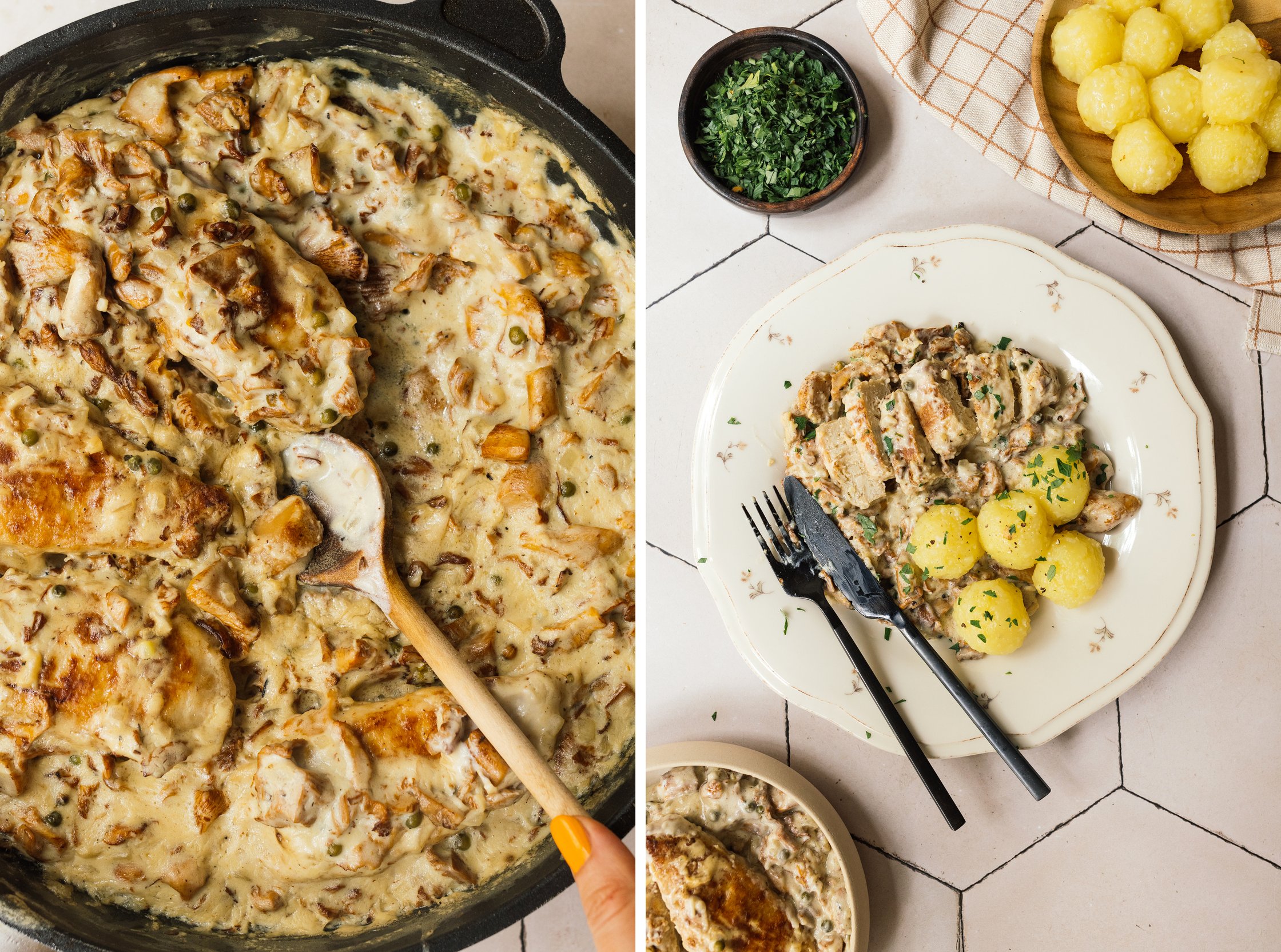 Vegane Filets in Pfifferling-Rahm-Pfeffer-Soße in der Pfanne
